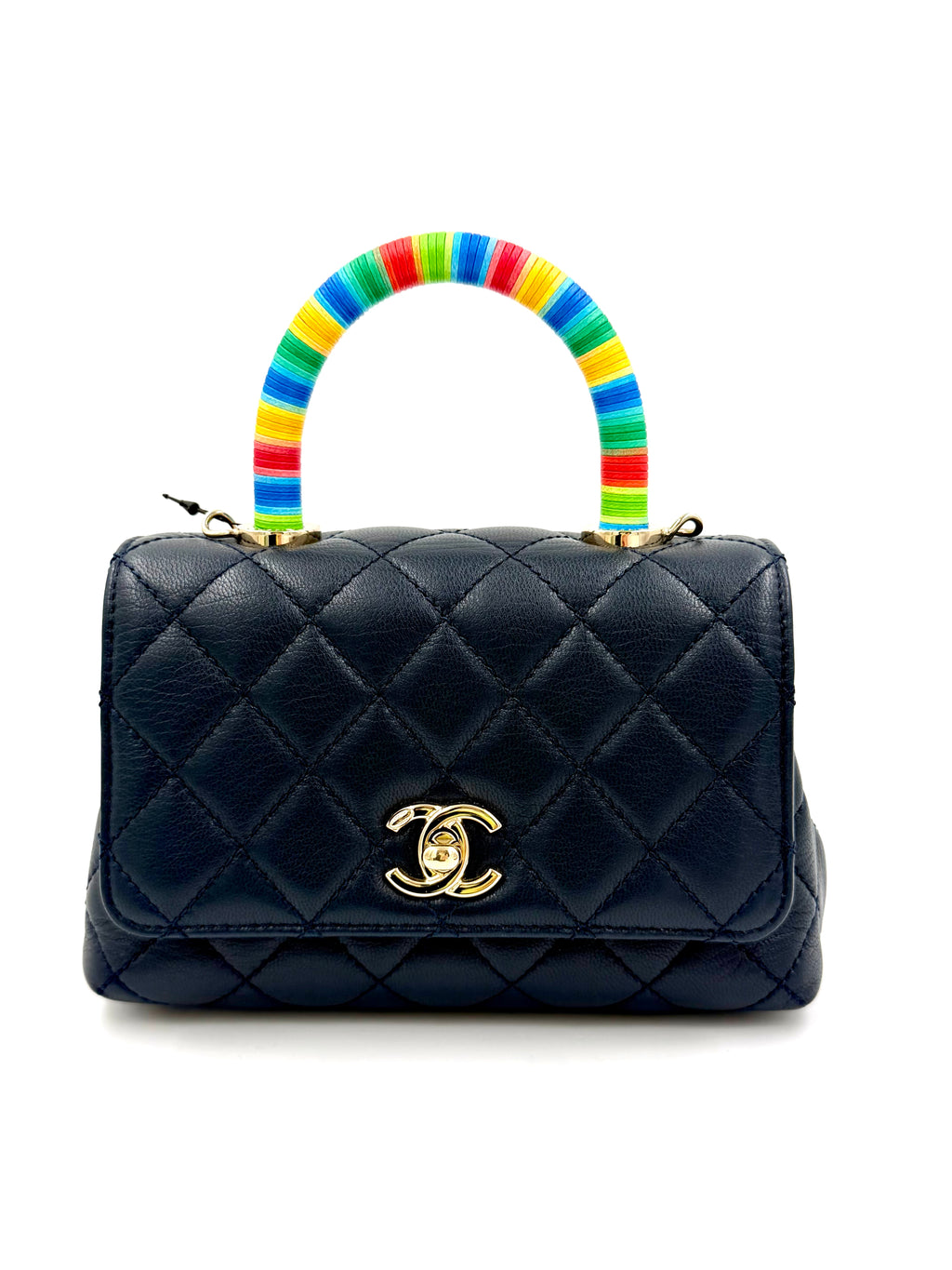 Pre-owned Chanel Extra Mini Coco Handle Flap Bag Navy Goatskin Rainbow Handle - Authenticated