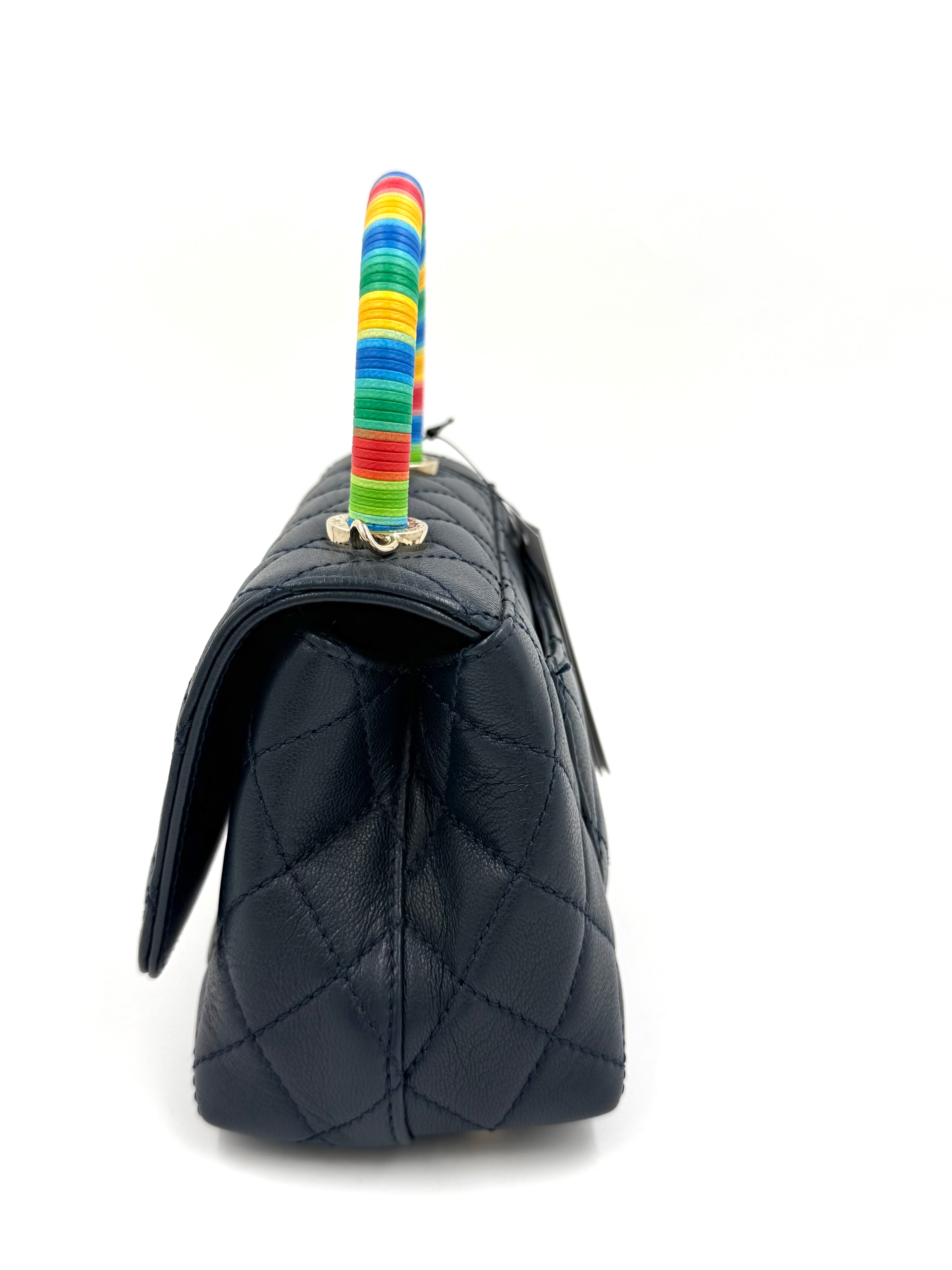 Pre-owned Chanel Extra Mini Coco Handle Flap Bag Navy Goatskin Rainbow Handle - Authenticated