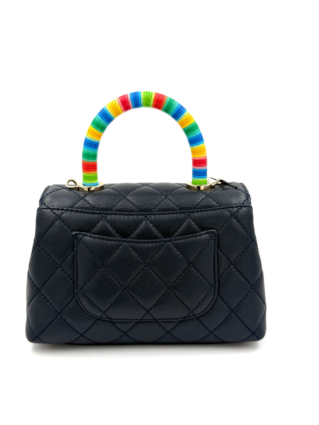 Pre-owned Chanel Extra Mini Coco Handle Flap Bag Navy Goatskin Rainbow Handle - Authenticated