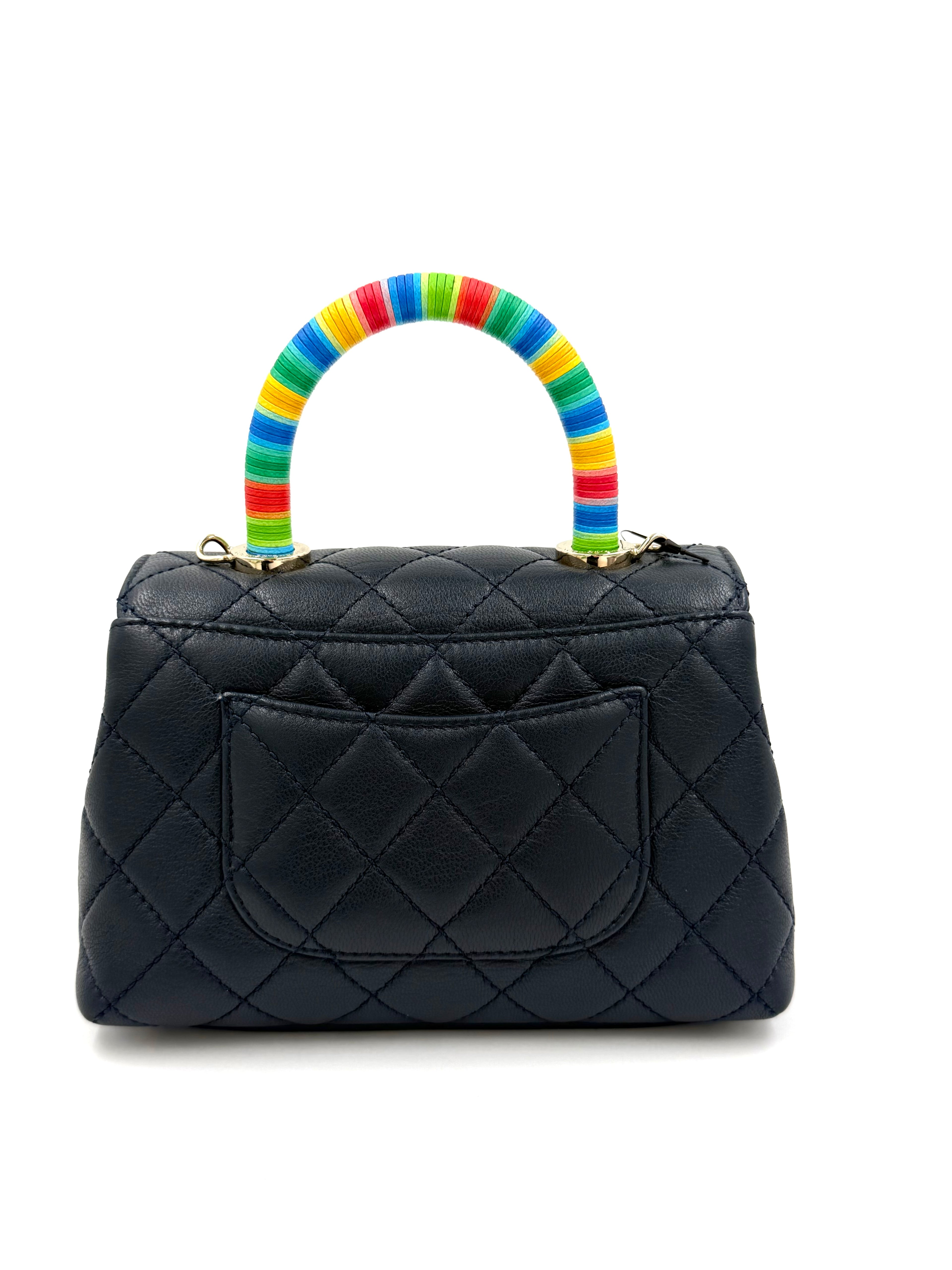 Pre-owned Chanel Extra Mini Coco Handle Flap Bag Navy Goatskin Rainbow Handle - Authenticated