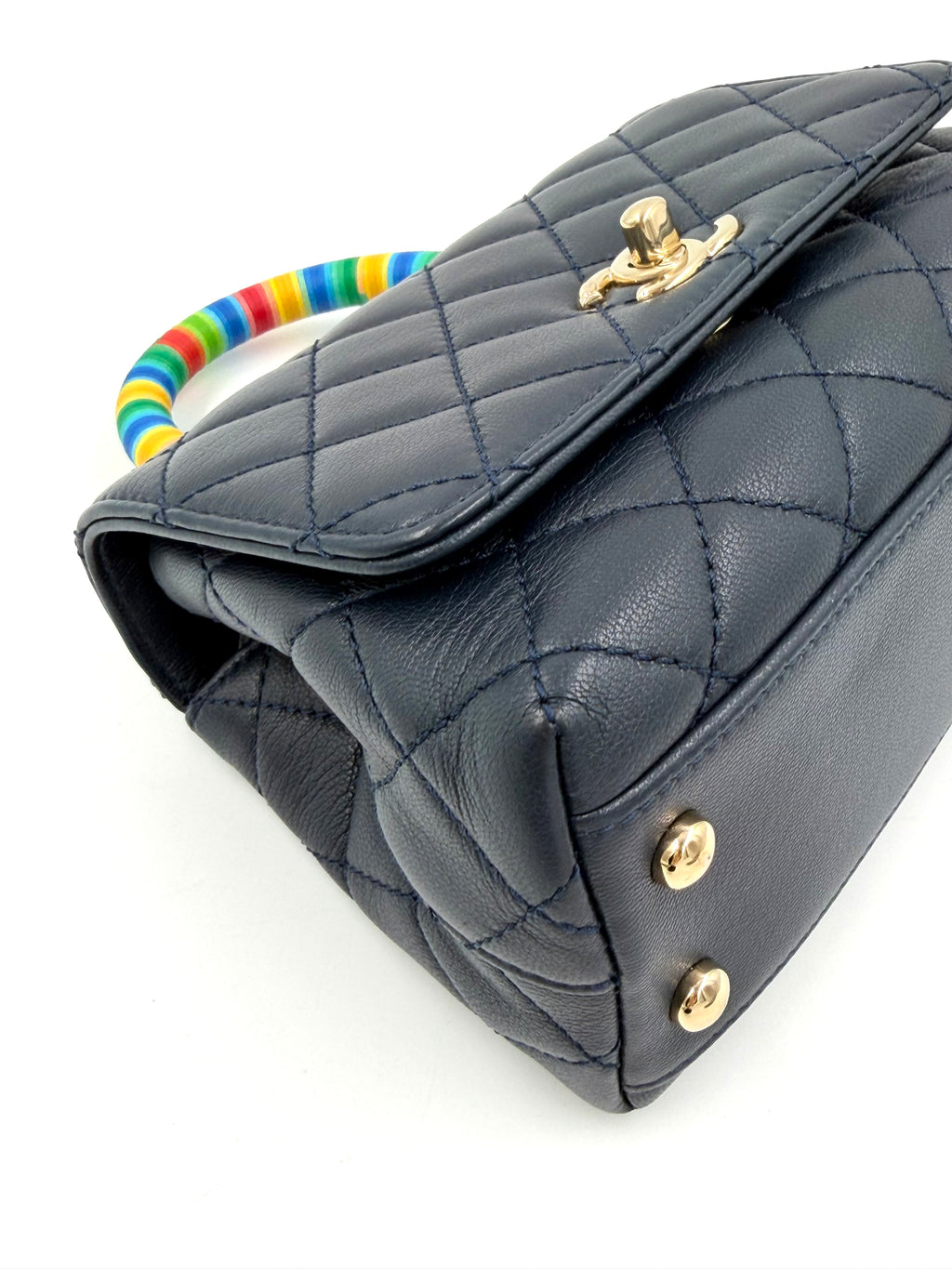 Pre-owned Chanel Extra Mini Coco Handle Flap Bag Navy Goatskin Rainbow Handle - Authenticated