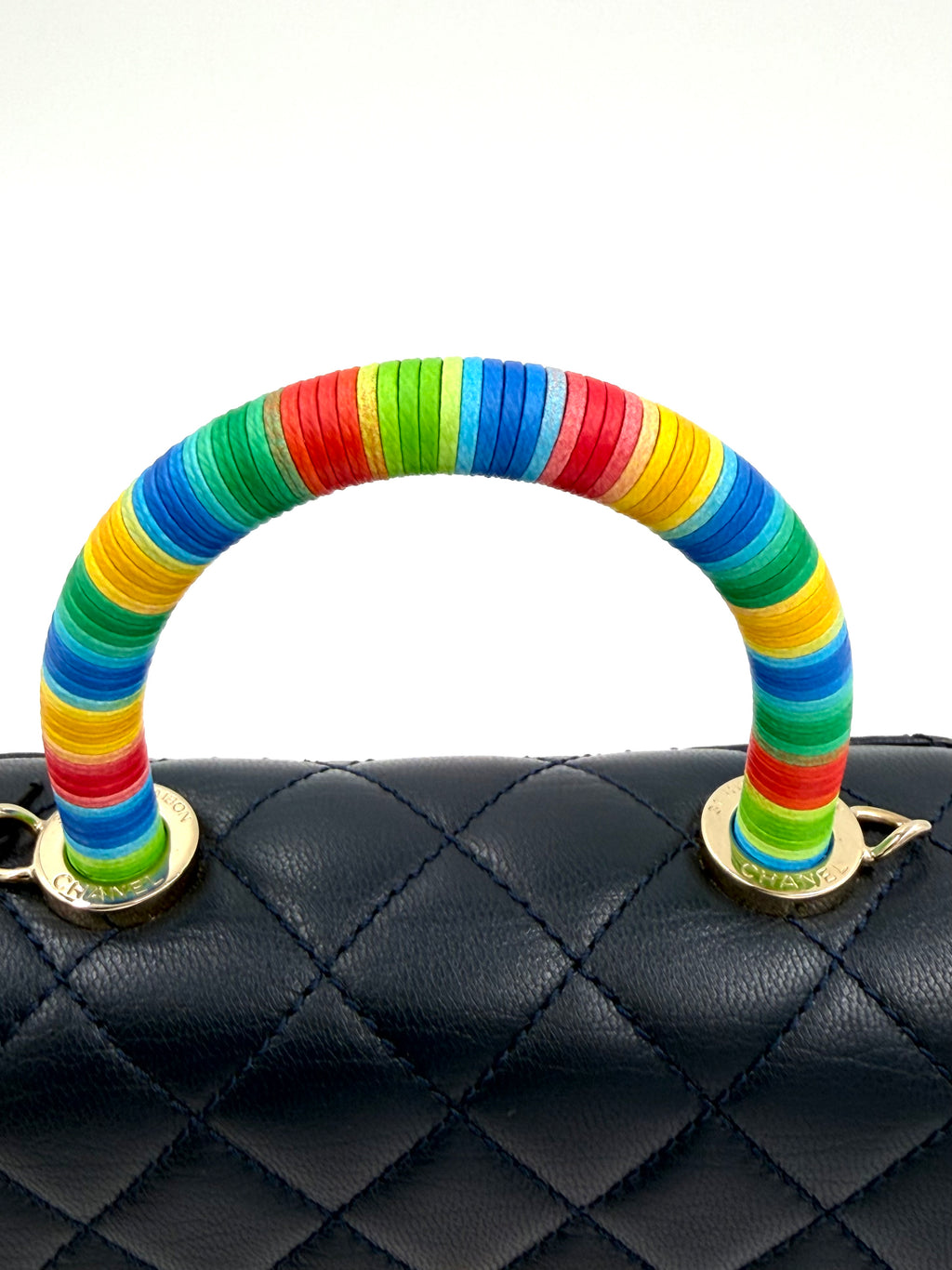Pre-owned Chanel Extra Mini Coco Handle Flap Bag Navy Goatskin Rainbow Handle - Authenticated