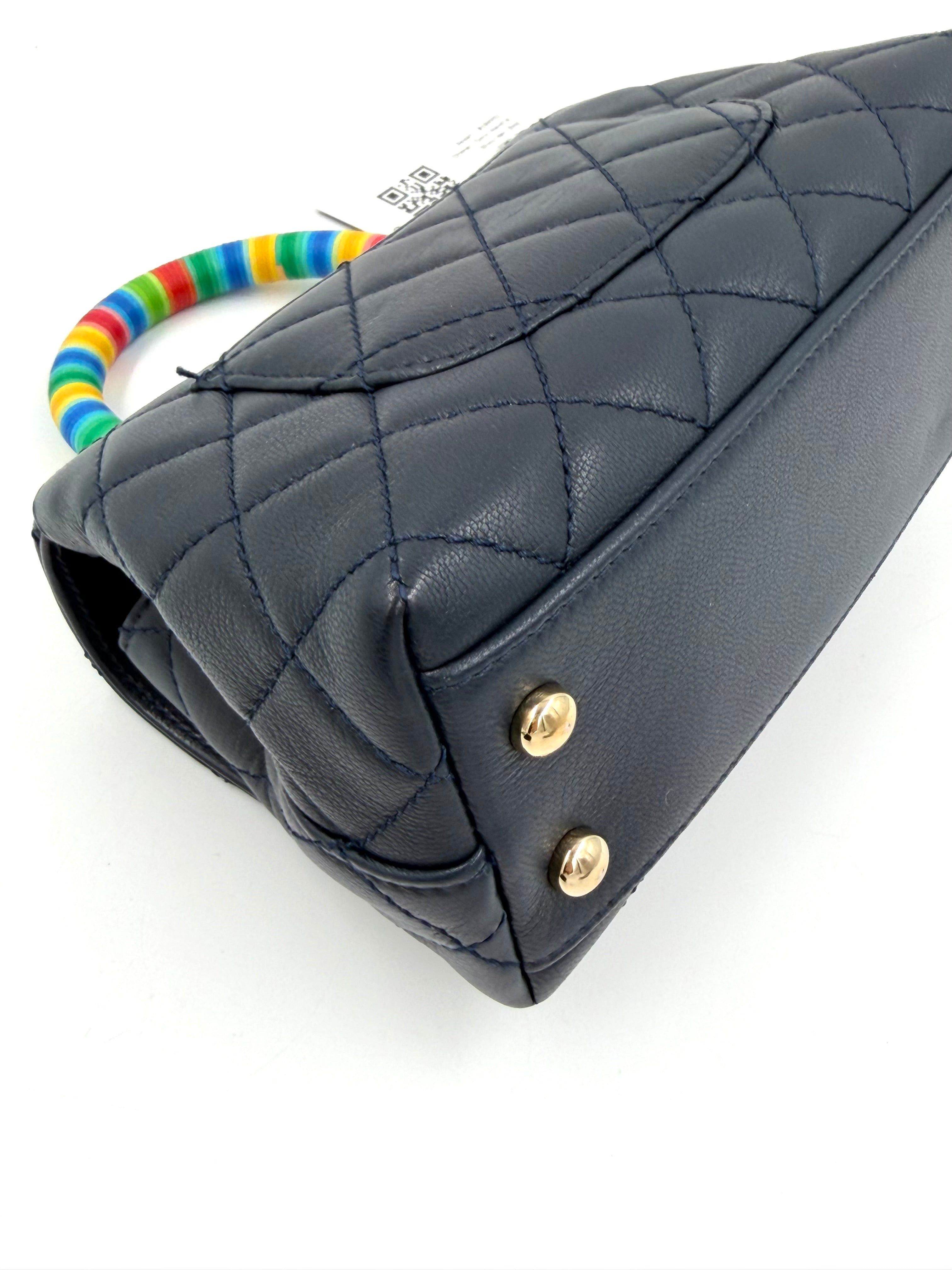 Pre-owned Chanel Extra Mini Coco Handle Flap Bag Navy Goatskin Rainbow Handle - Authenticated
