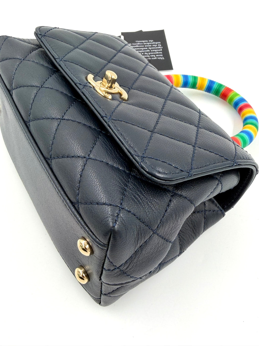 Pre-owned Chanel Extra Mini Coco Handle Flap Bag Navy Goatskin Rainbow Handle - Authenticated