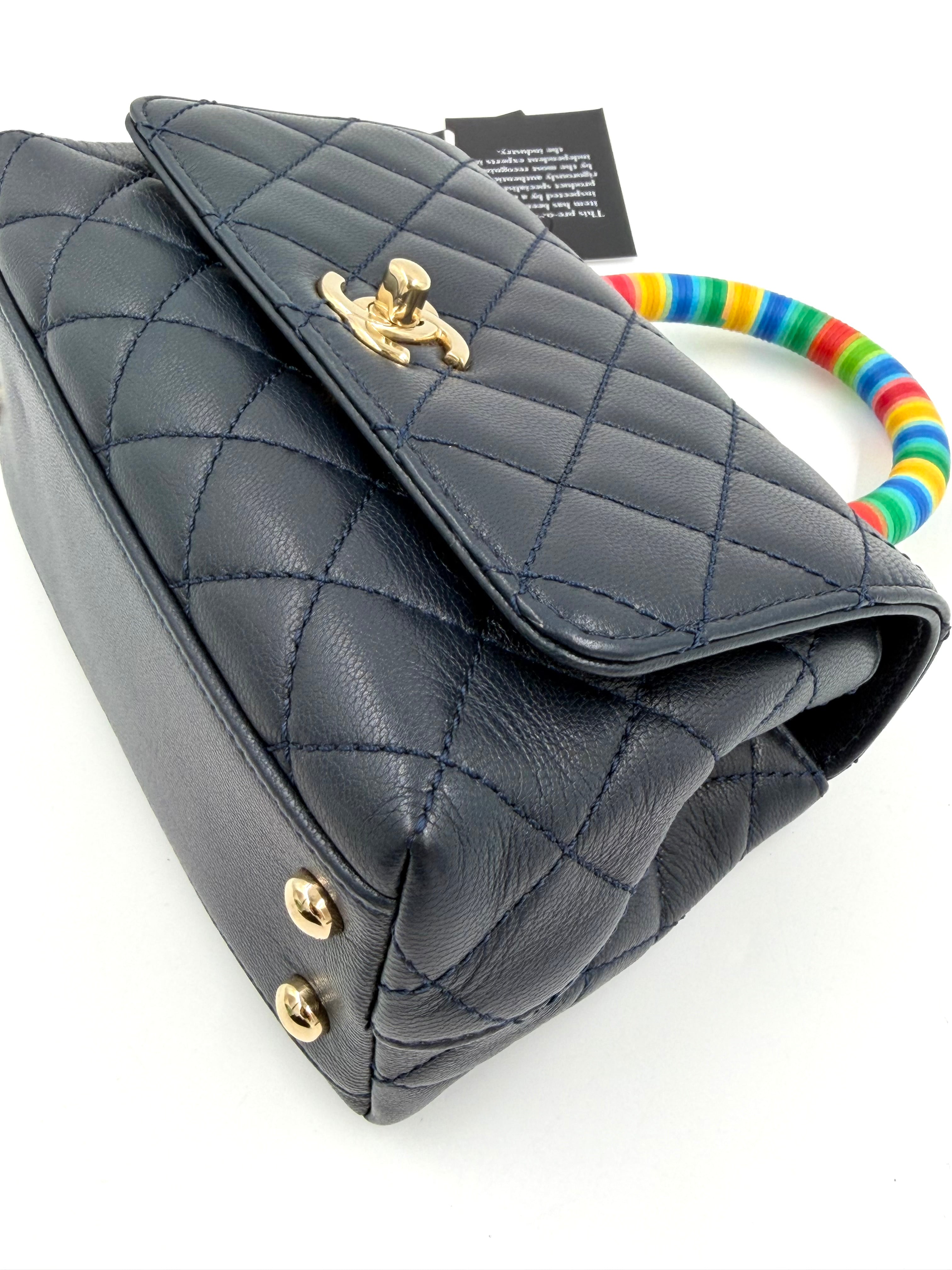 Pre-owned Chanel Extra Mini Coco Handle Flap Bag Navy Goatskin Rainbow Handle - Authenticated