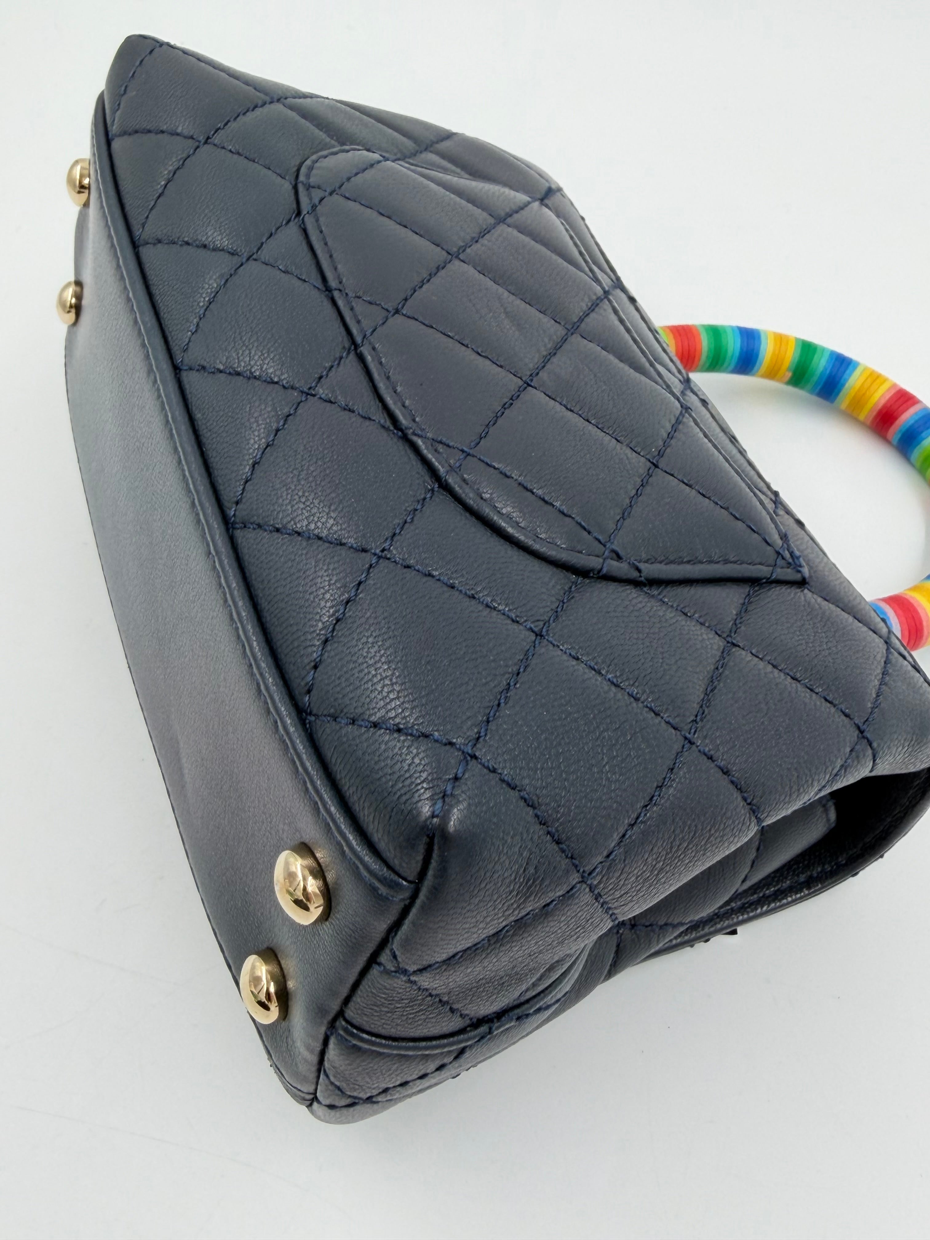 Pre-owned Chanel Extra Mini Coco Handle Flap Bag Navy Goatskin Rainbow Handle - Authenticated