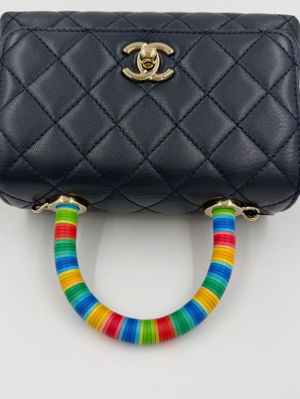 Pre-owned Chanel Extra Mini Coco Handle Flap Bag Navy Goatskin Rainbow Handle - Authenticated