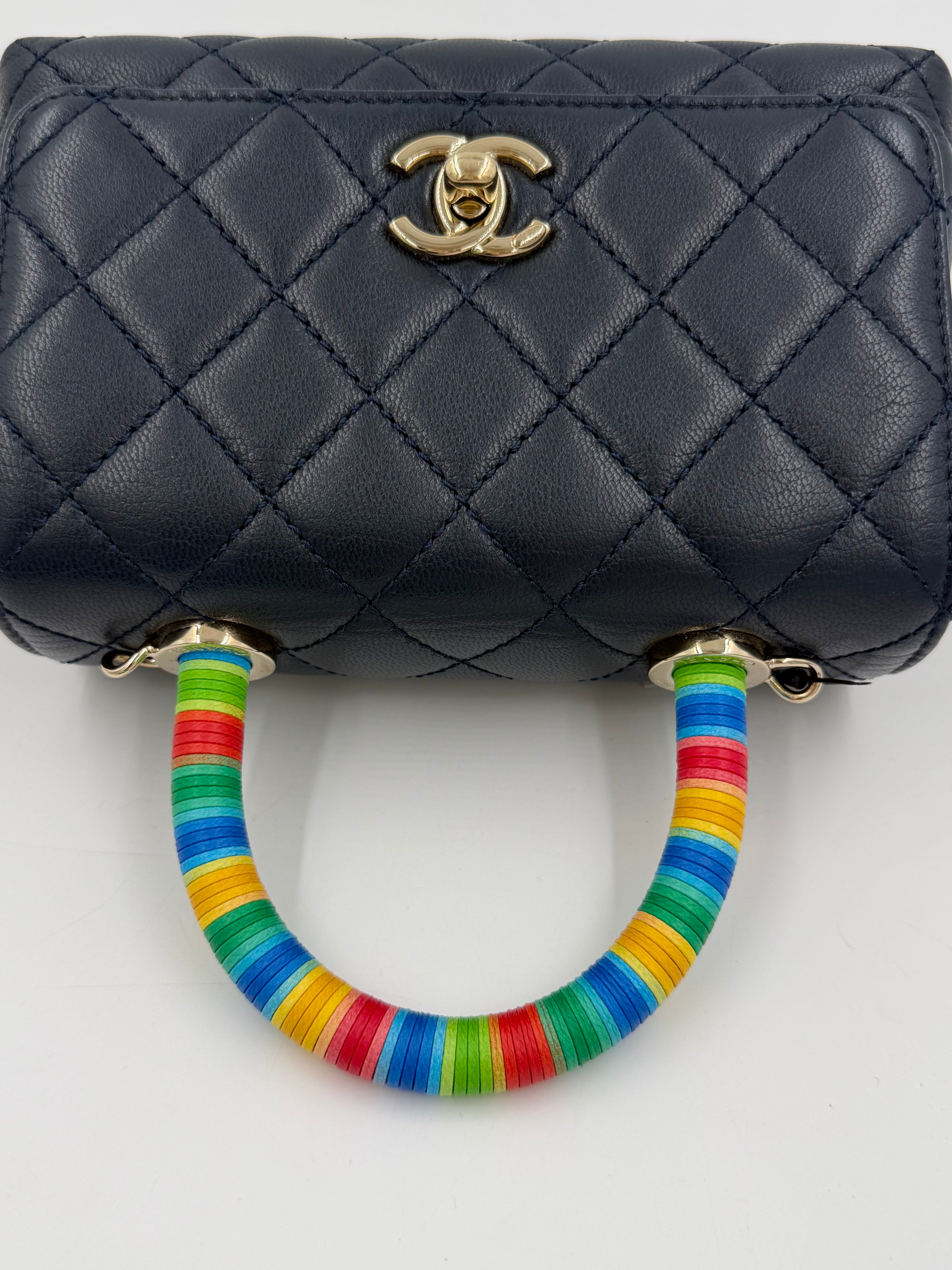 Pre-owned Chanel Extra Mini Coco Handle Flap Bag Navy Goatskin Rainbow Handle - Authenticated