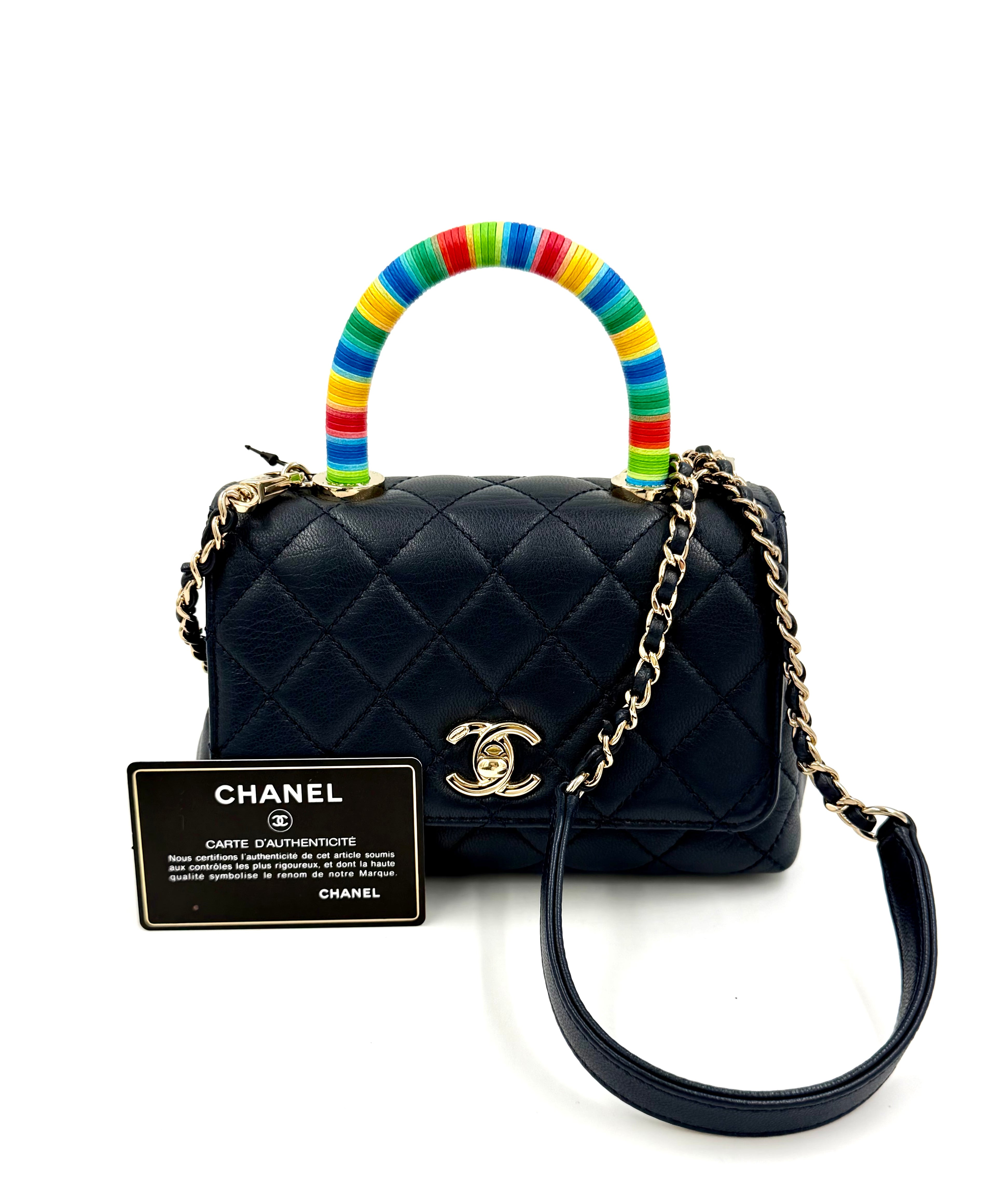 Pre-owned Chanel Extra Mini Coco Handle Flap Bag Navy Goatskin Rainbow Handle - Authenticated