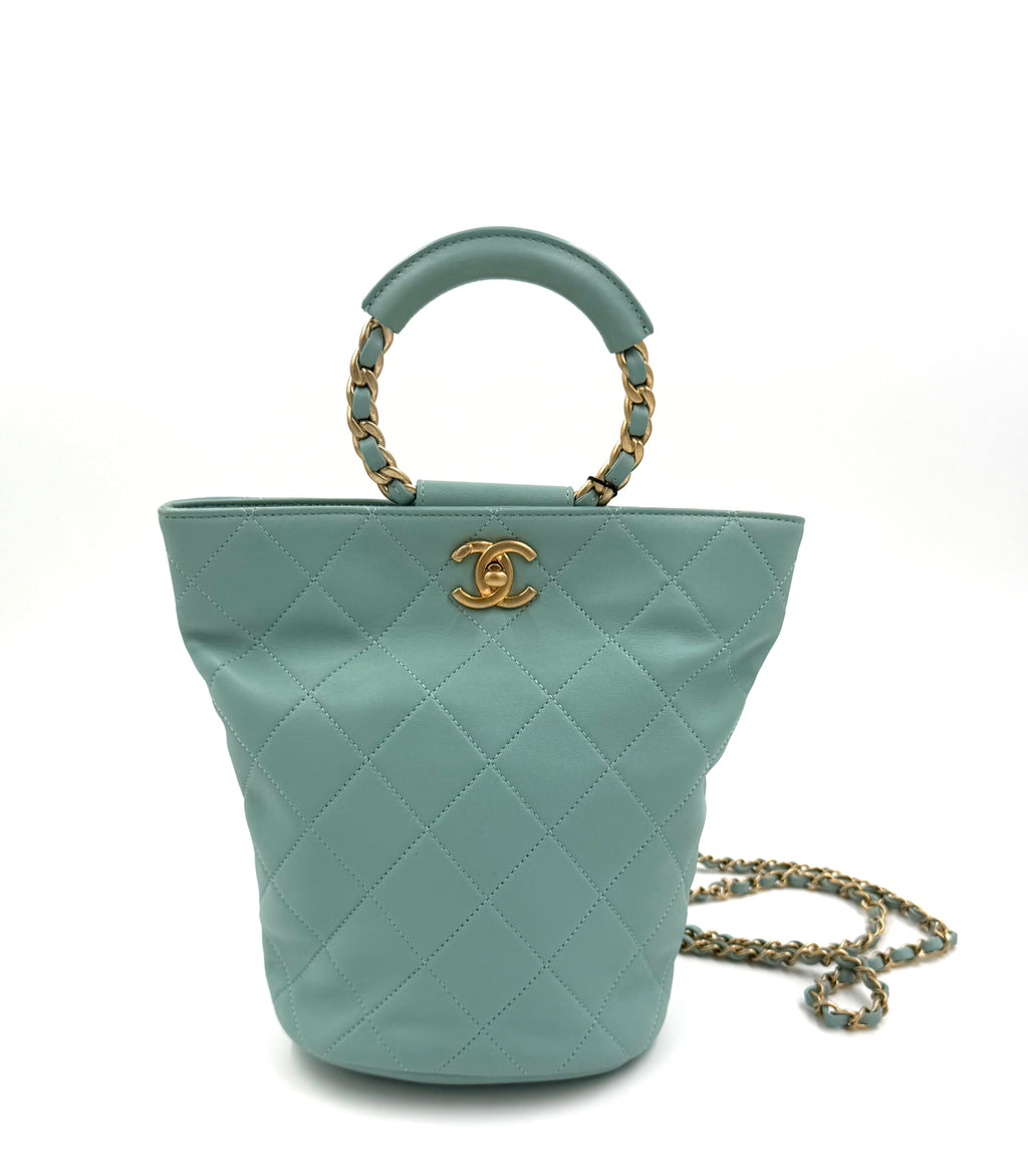 Pre-owned Chanel Quilted Lambskin Bucket Backpack Turquoise GHW Series 29 - Authenticated