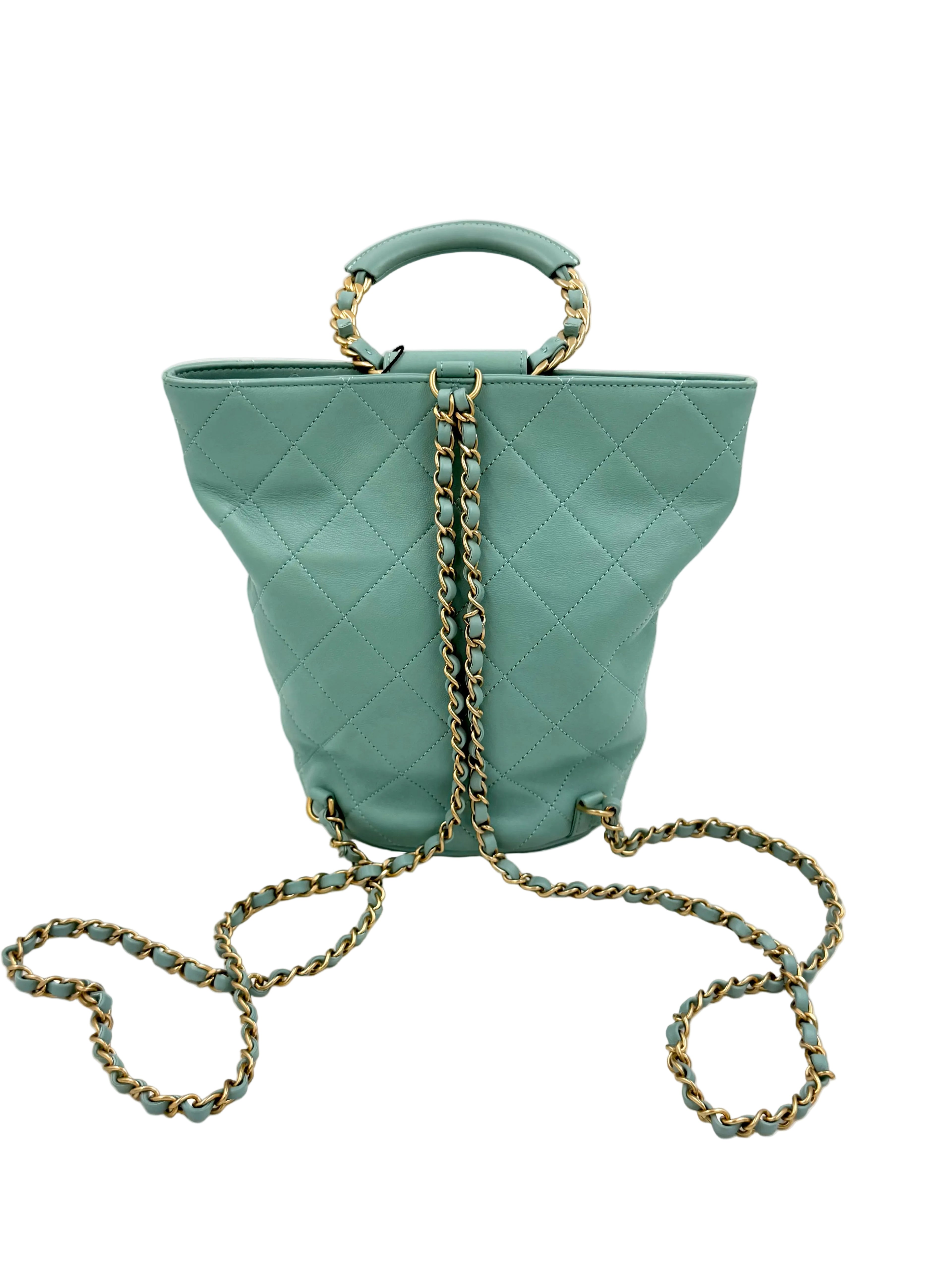 Pre-owned Chanel Quilted Lambskin Bucket Backpack Turquoise GHW Series 29 - Authenticated