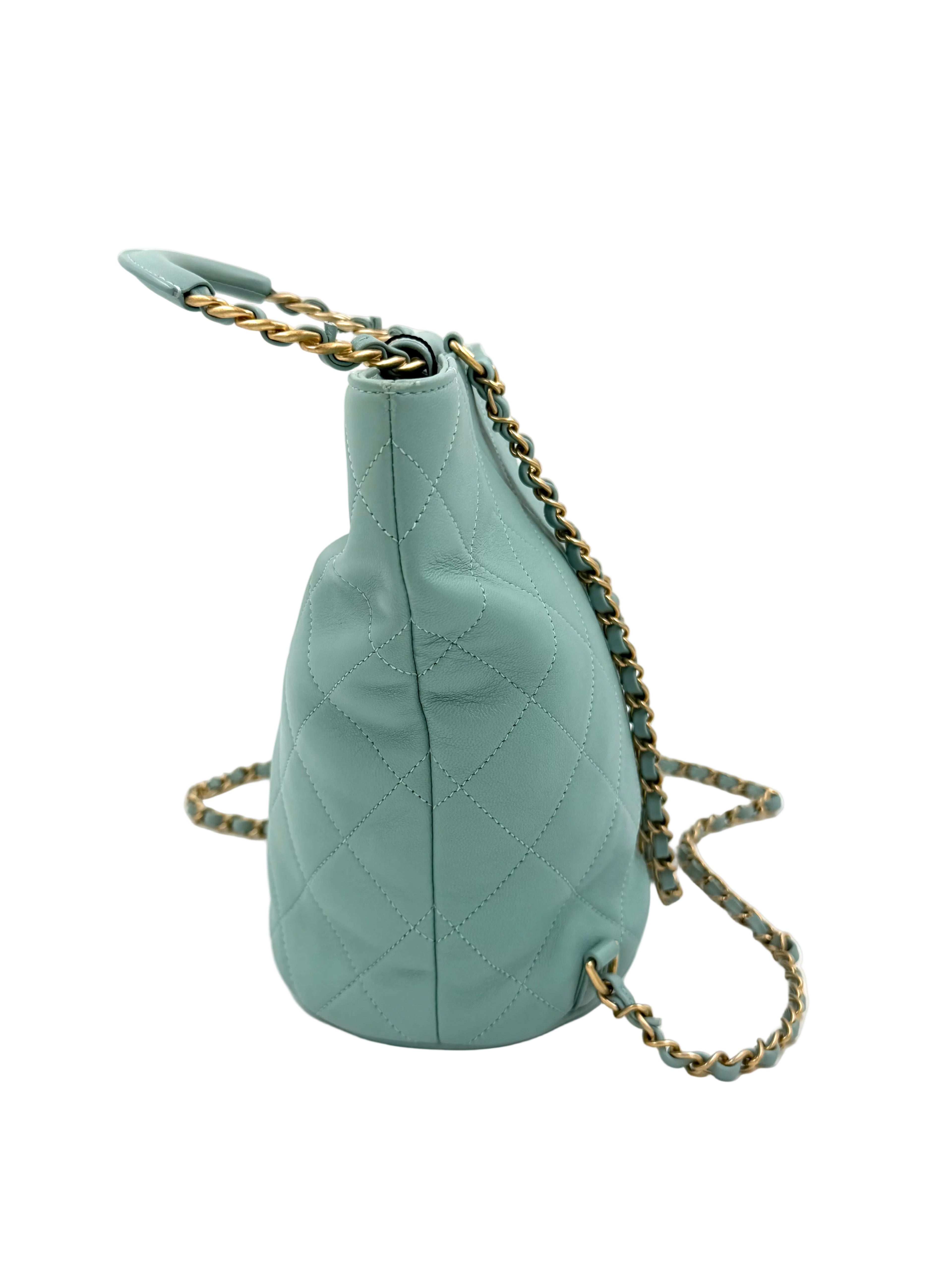 Pre-owned Chanel Quilted Lambskin Bucket Backpack Turquoise GHW Series 29 - Authenticated