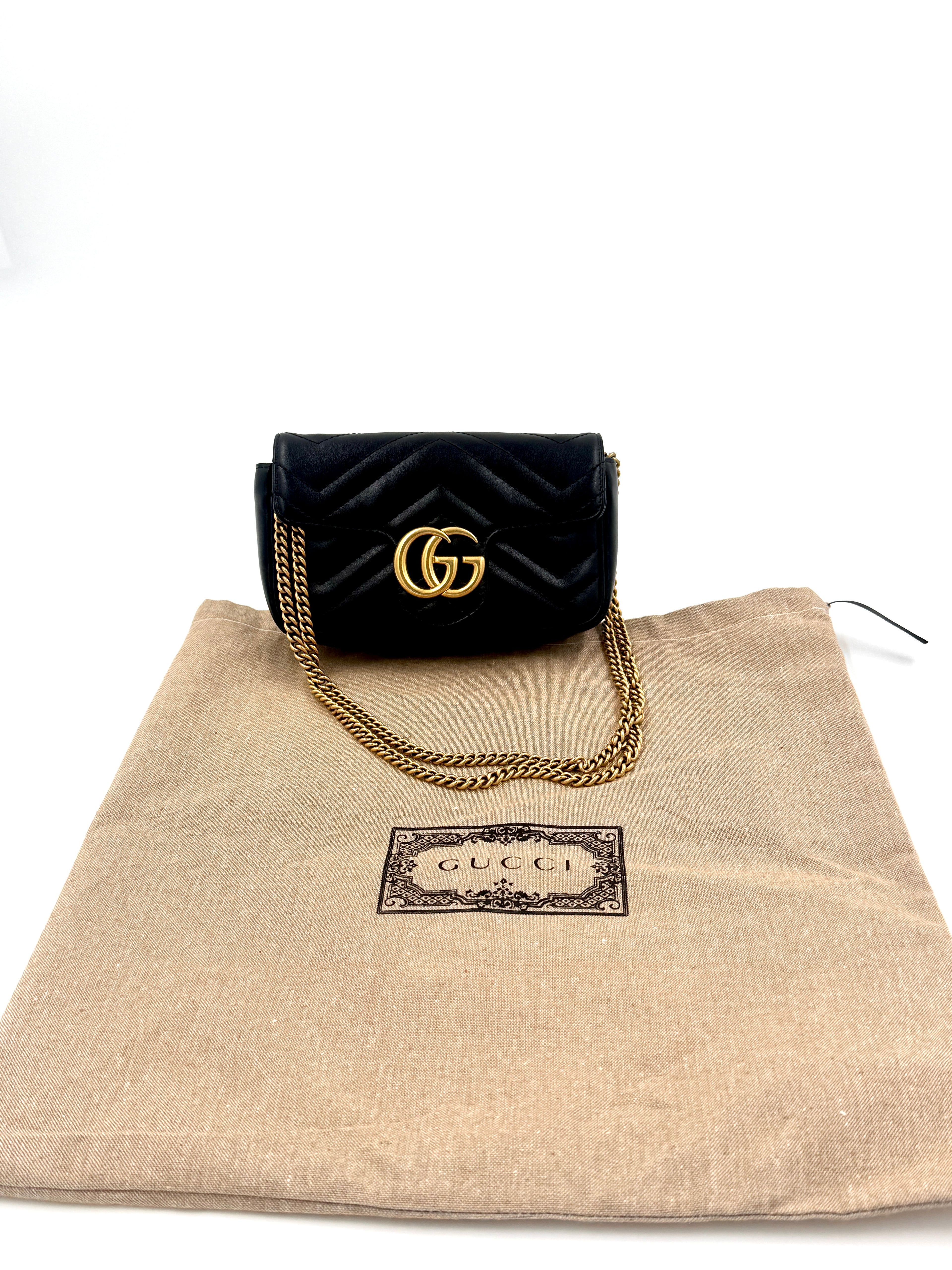 Pre-Owned Gucci Calfskin Matelasse Super Mini GG Marmont Shoulder Bag Black - Authenticated