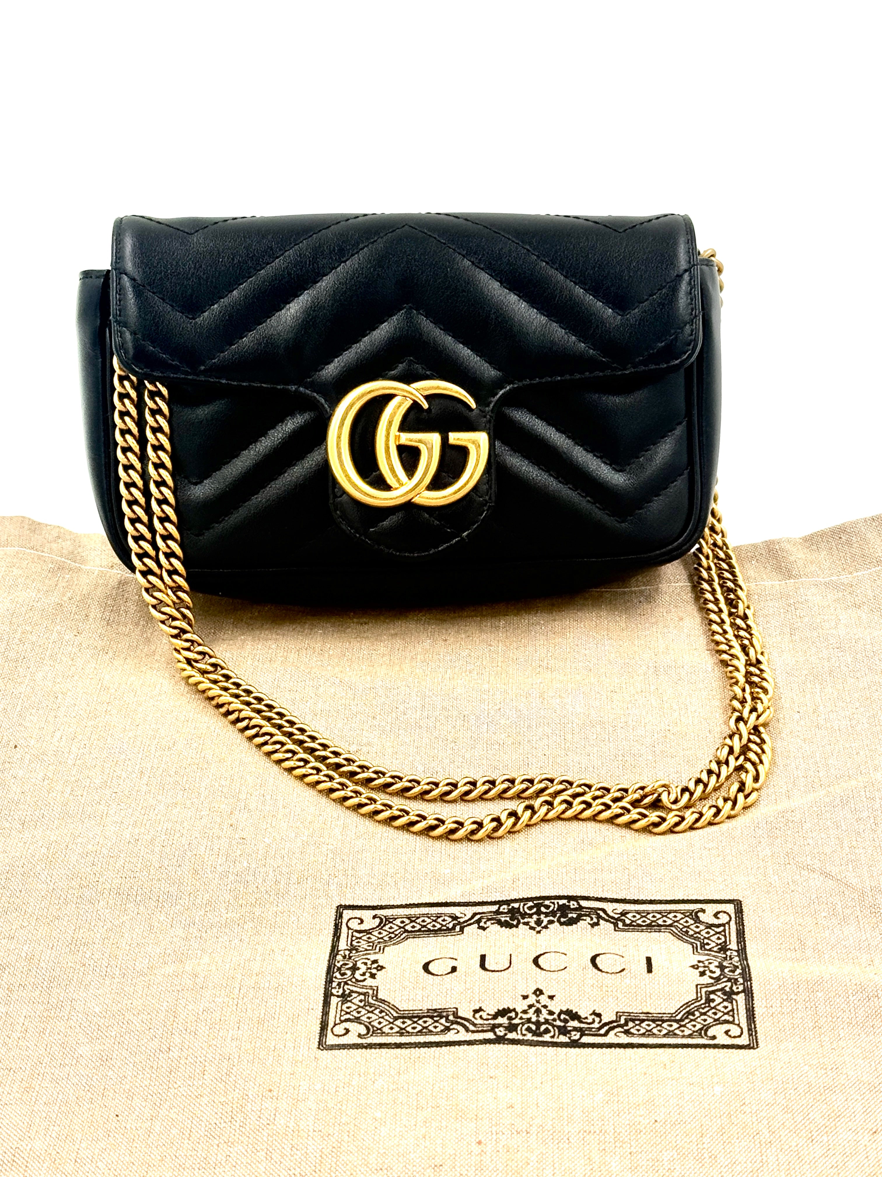 Pre-Owned Gucci Calfskin Matelasse Super Mini GG Marmont Shoulder Bag Black - Authenticated