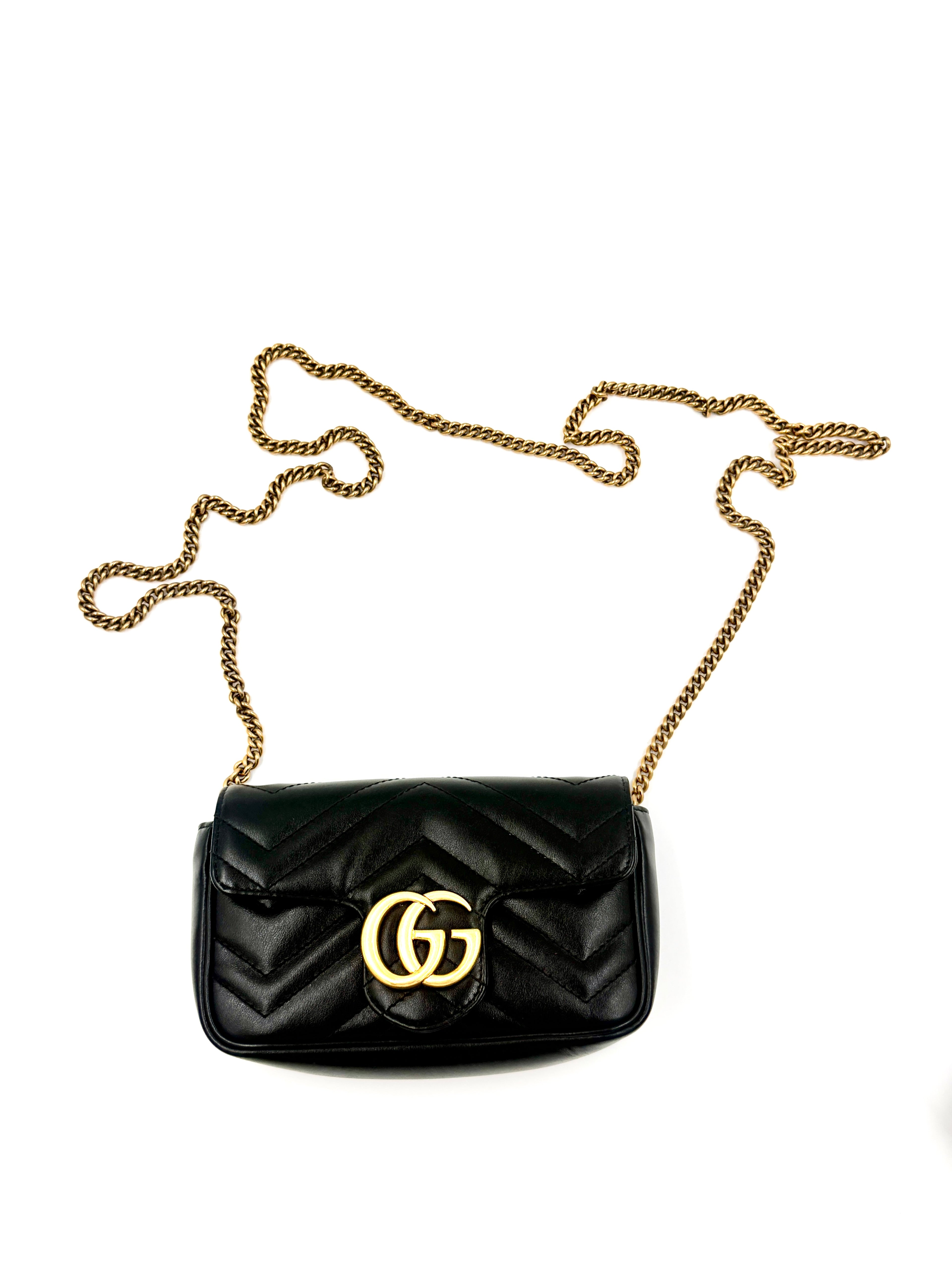 Pre-Owned Gucci Calfskin Matelasse Super Mini GG Marmont Shoulder Bag Black - Authenticated