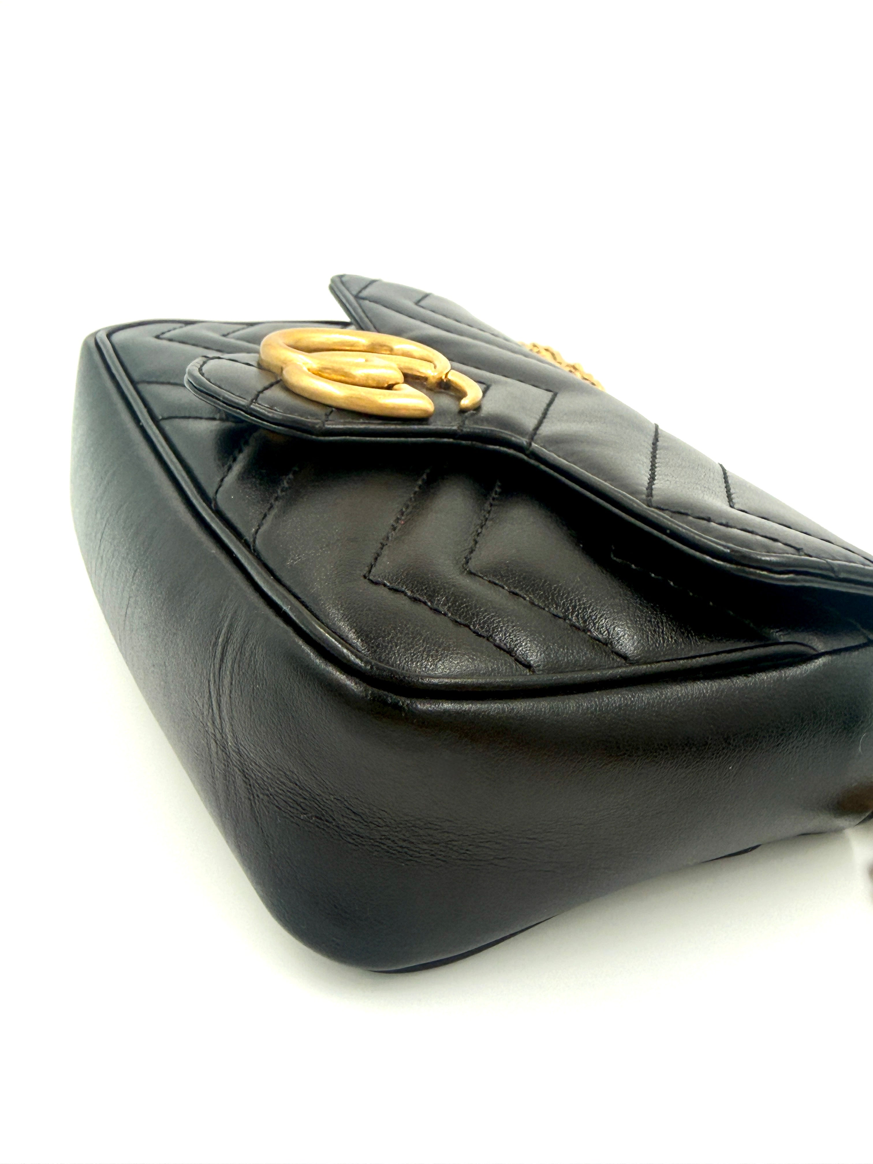 Pre-Owned Gucci Calfskin Matelasse Super Mini GG Marmont Shoulder Bag Black - Authenticated