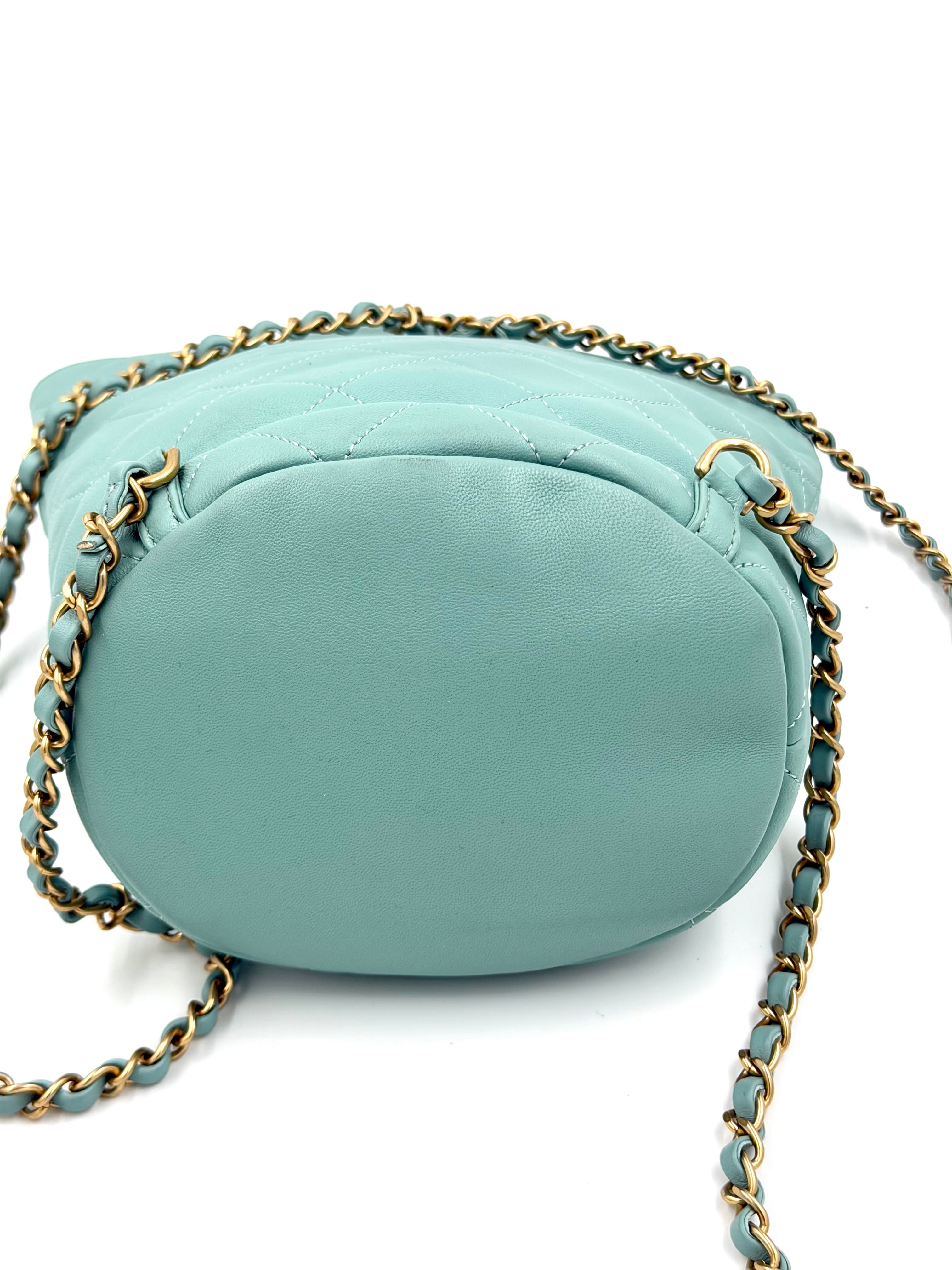 Pre-owned Chanel Quilted Lambskin Bucket Backpack Turquoise GHW Series 29 - Authenticated
