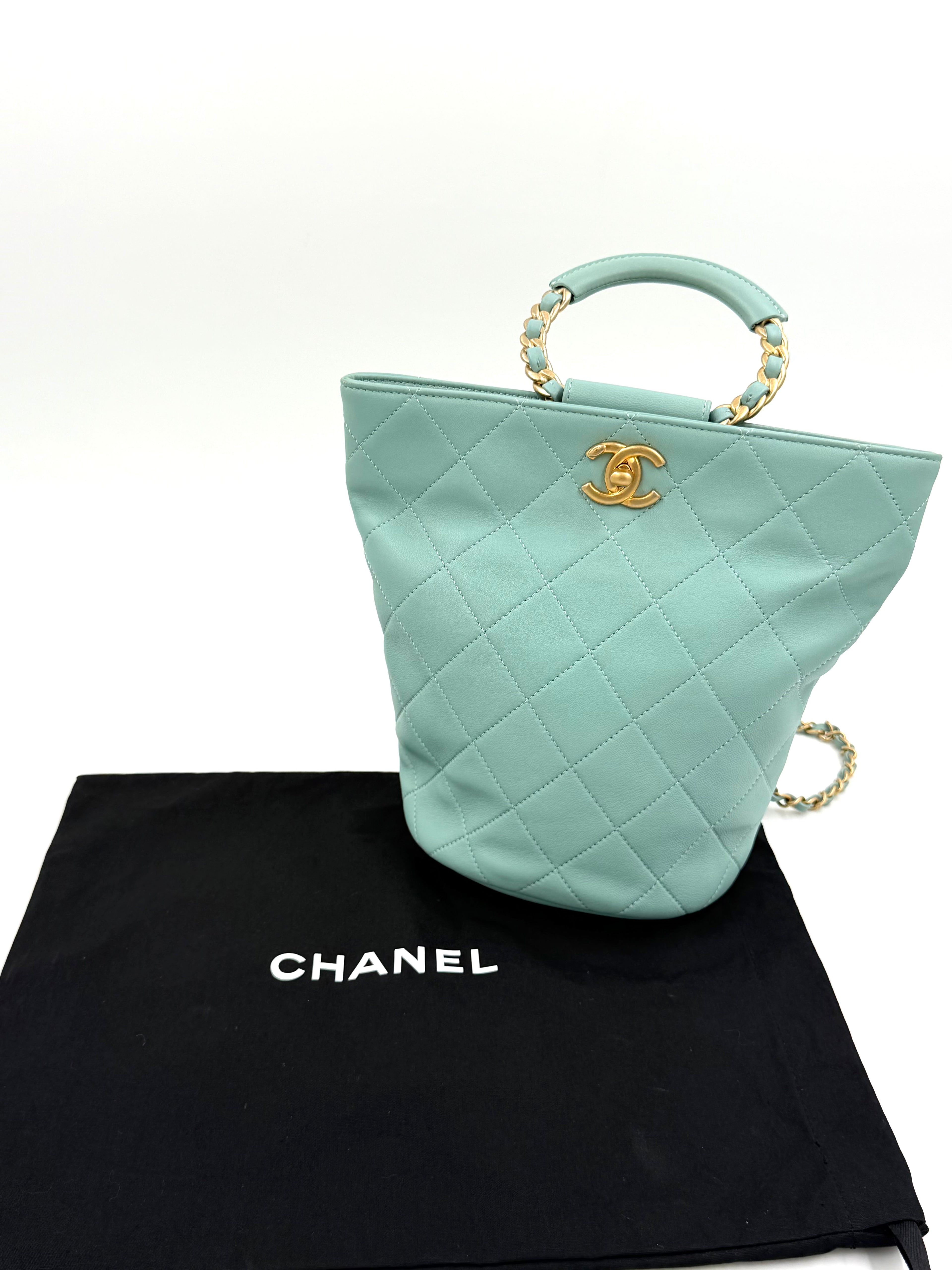 Pre-owned Chanel Quilted Lambskin Bucket Backpack Turquoise GHW Series 29 - Authenticated