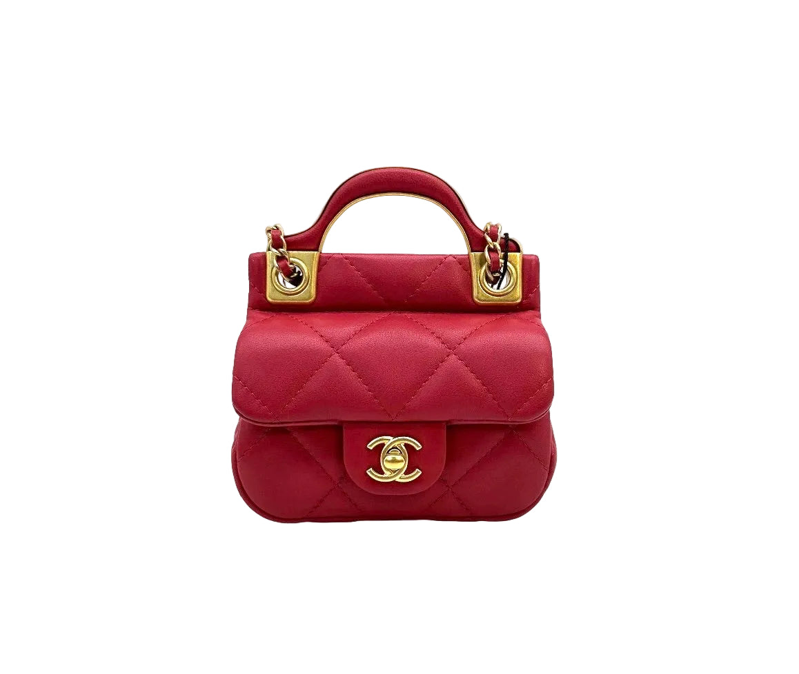 Pre-owned Chanel Cranberry Quilted Lady Handle Flap Card Holder with Chain - Authenticated