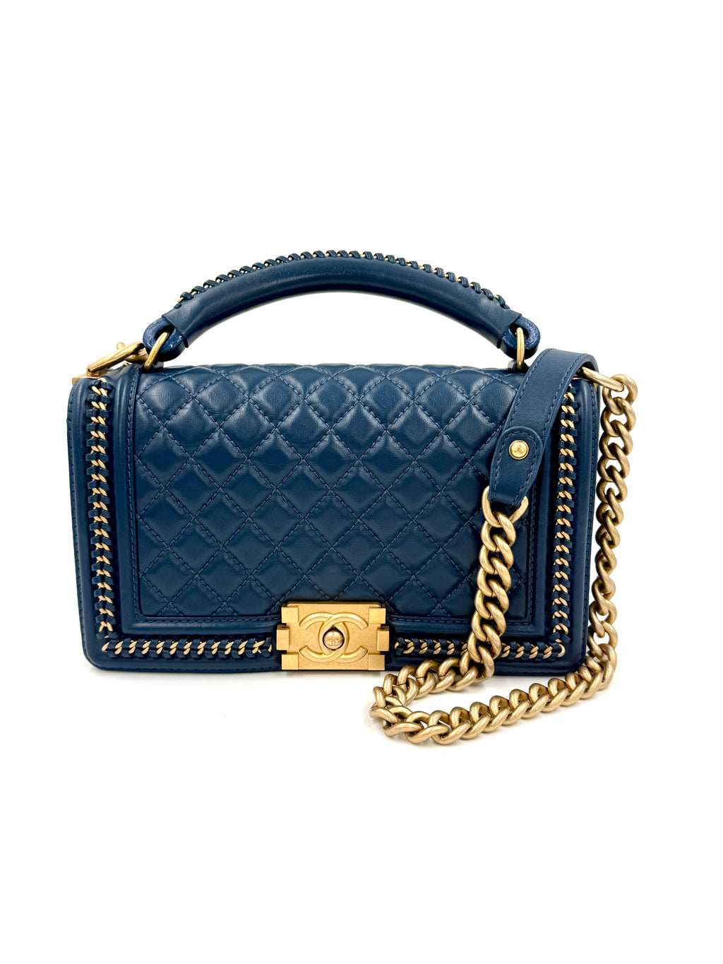 Pre-Owned Chanel Calfskin Medium Chain Around Top Handle Boy Bag Blue - Authenticated