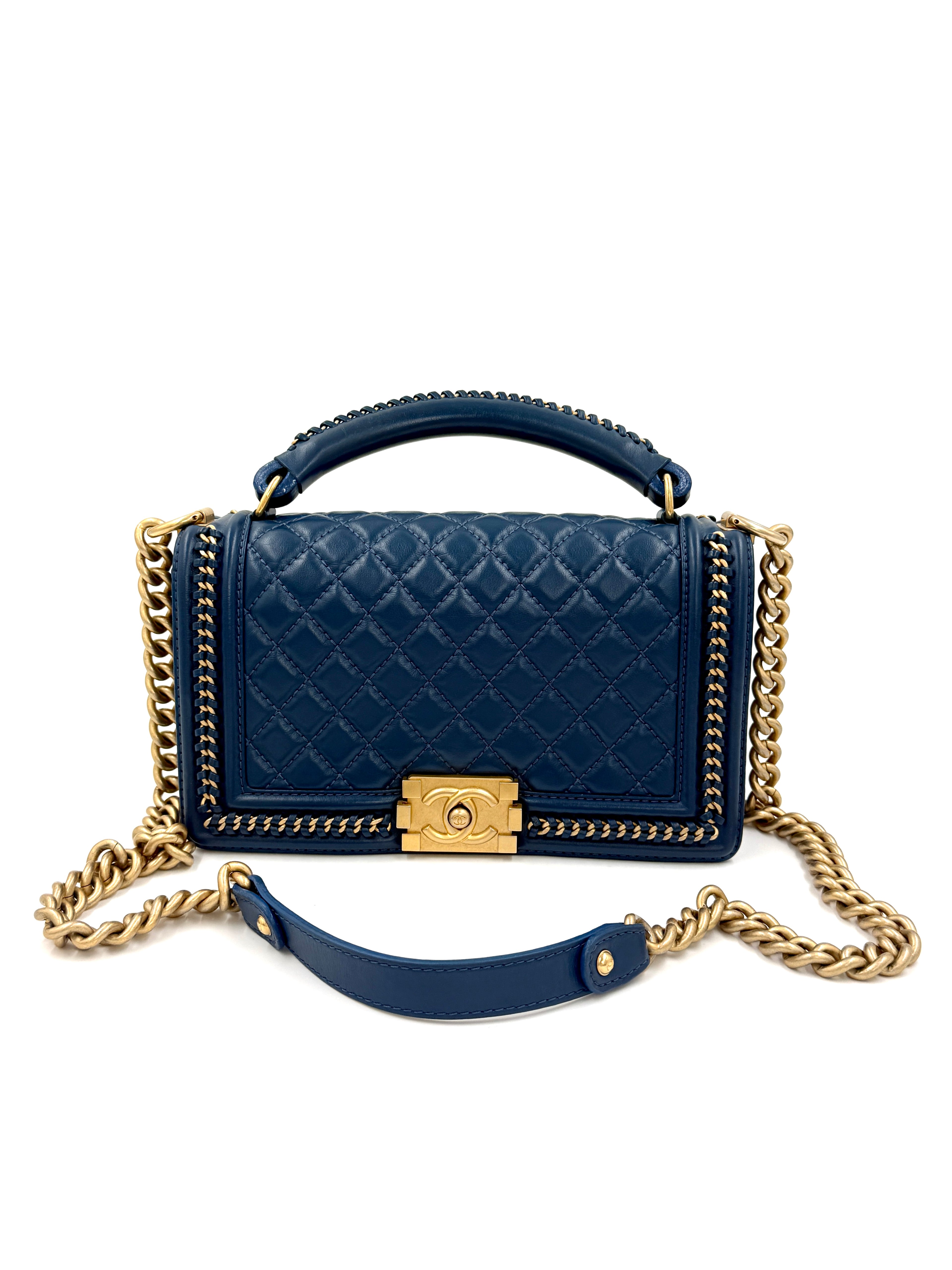 Pre-Owned Chanel Calfskin Medium Chain Around Top Handle Boy Bag Blue - Authenticated