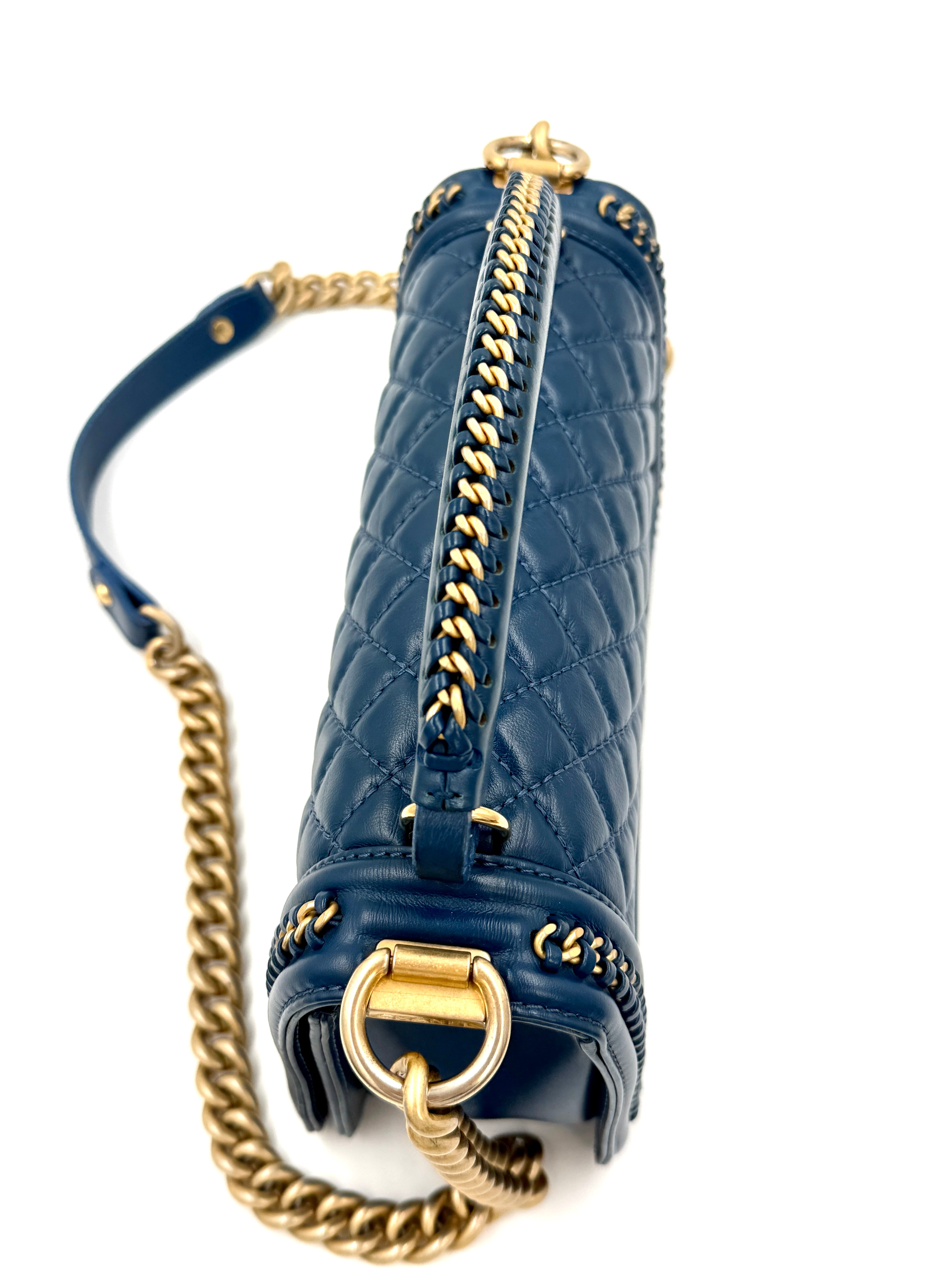 Pre-Owned Chanel Calfskin Medium Chain Around Top Handle Boy Bag Blue - Authenticated