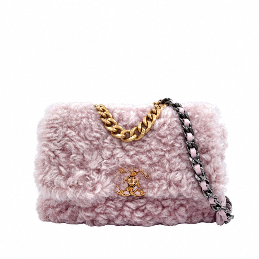 Pre-owned Chanel 19 Flap Bag Light Pink Shearling Small - Authenticated