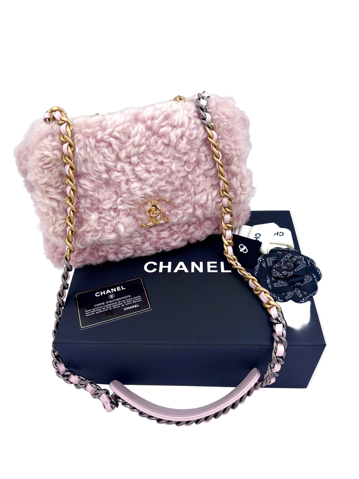 Pre-owned Chanel 19 Flap Bag Light Pink Shearling Small - Authenticated