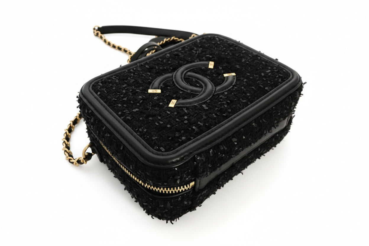 Pre-owned Chanel Black Small Filligree Tweed Vanity with Beading - Authenticated