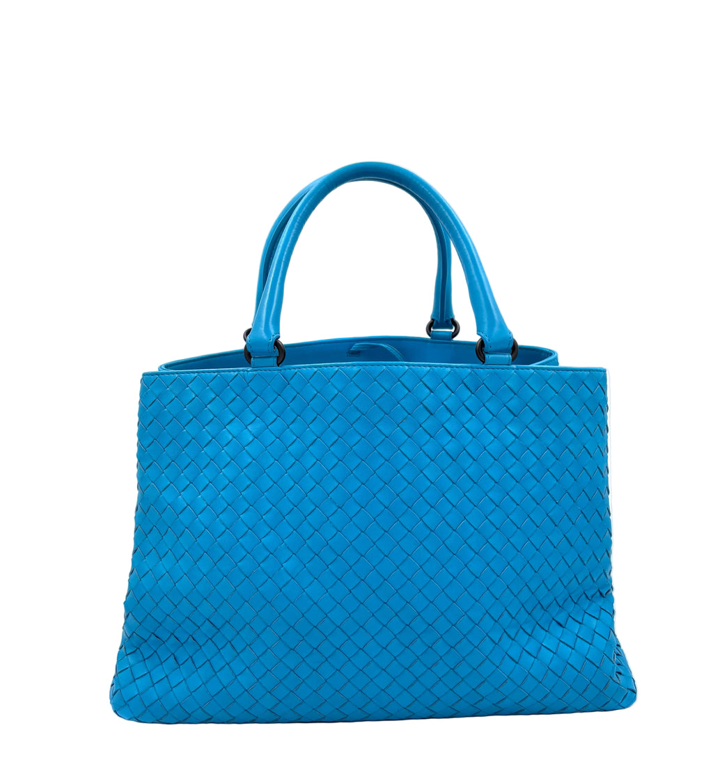 Pre-owned Bottega Veneta Blue Intrecciato Nappa Leather Top-Handle Bag - Authenticated
