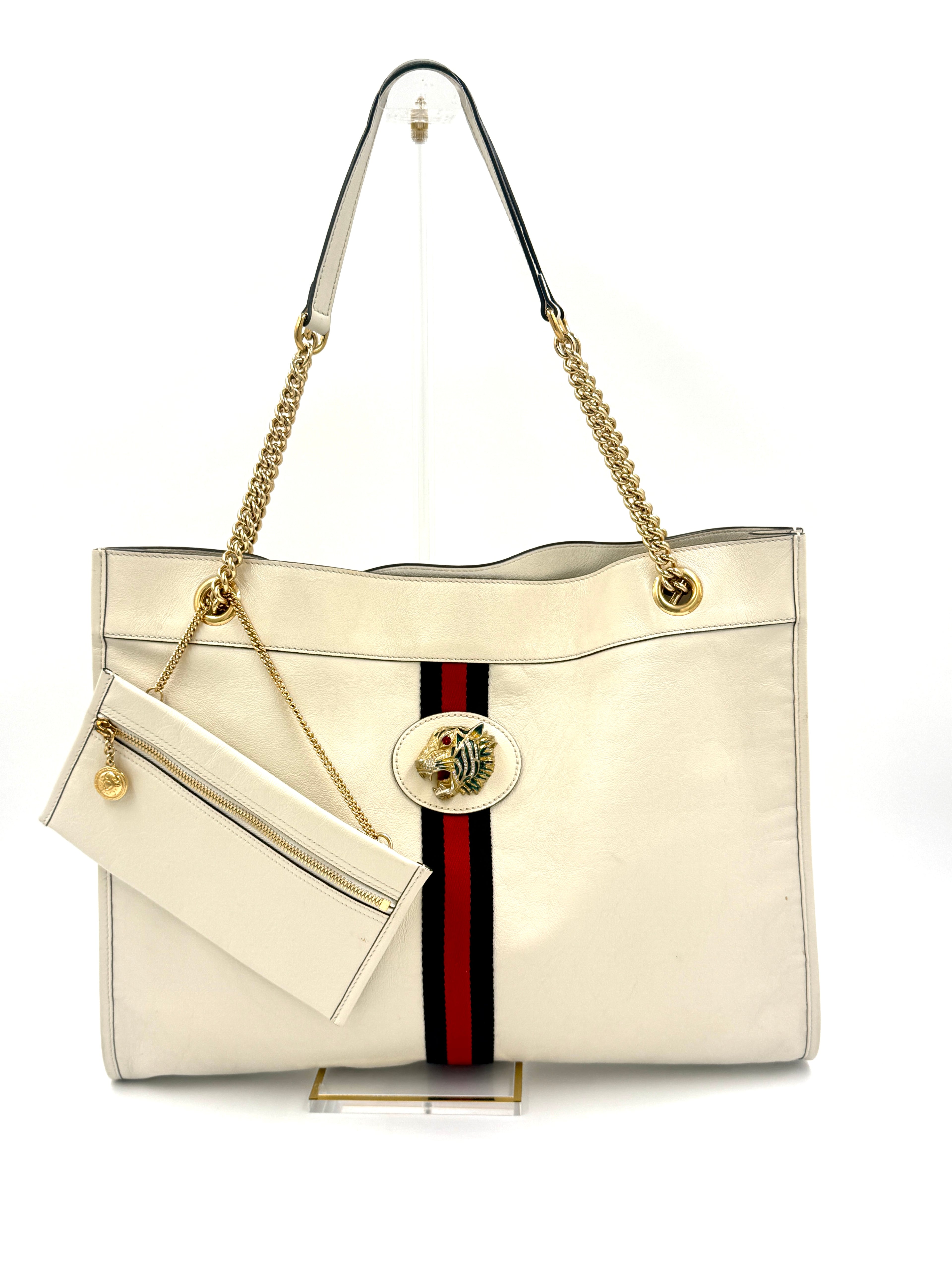 Pre-Owned Gucci Rajah Large Leather Tote Bag White with Chain Straps and Removable Pouch - Authenticated