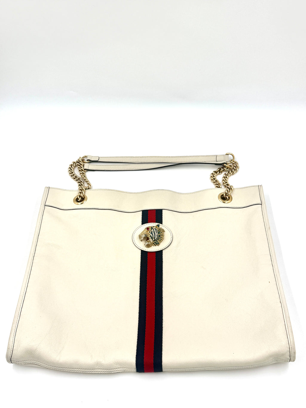 Pre-Owned Gucci Rajah Large Leather Tote Bag White with Chain Straps and Removable Pouch - Authenticated