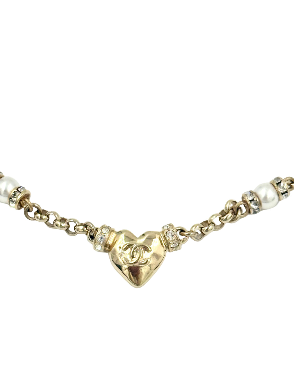 Pre-Owned Chanel 24k Gold Plated CC Heart Pendant Necklace with Strass Crystals and Pearl Accents - Authenticated
