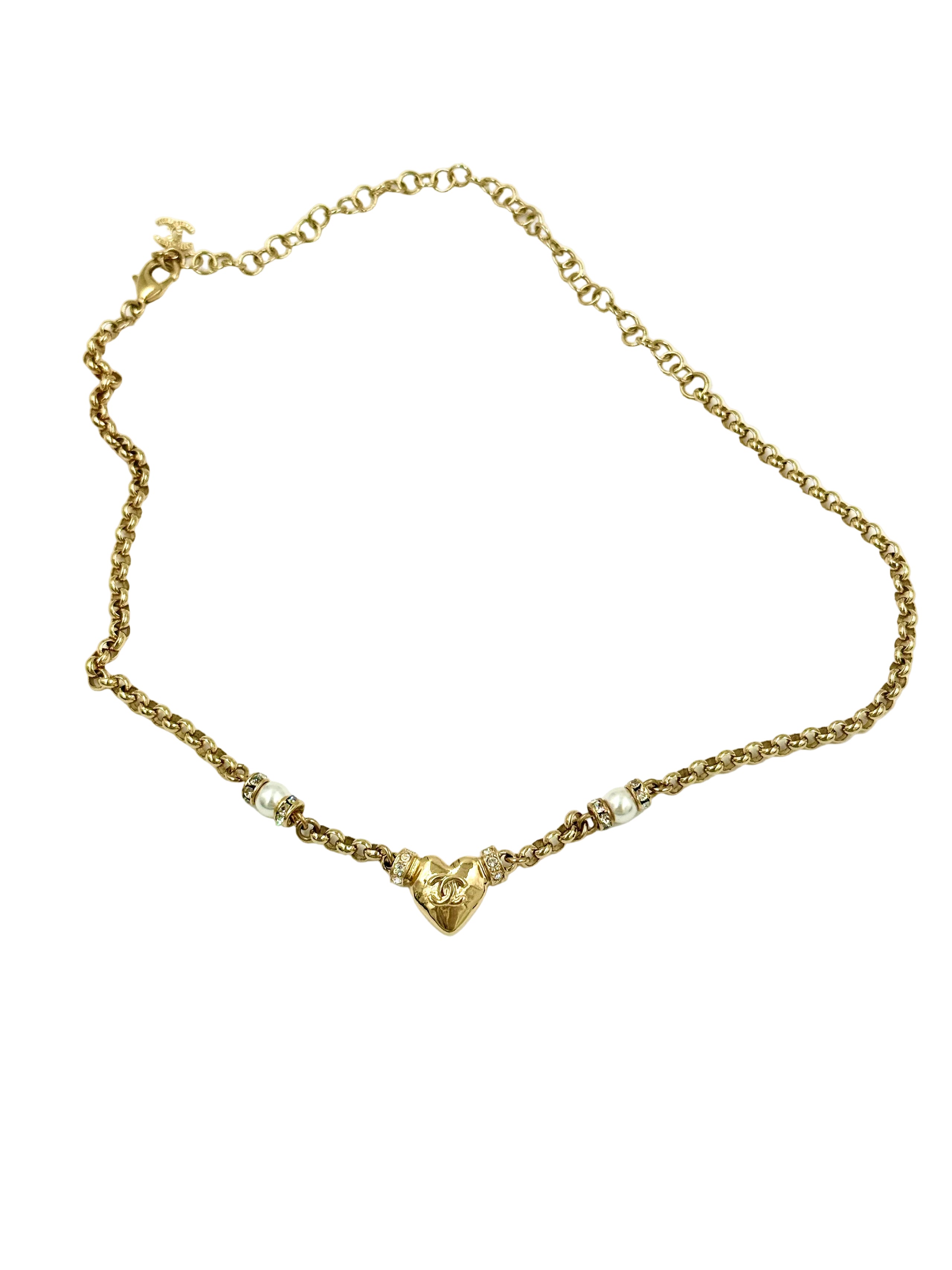 Pre-Owned Chanel 24k Gold Plated CC Heart Pendant Necklace with Strass Crystals and Pearl Accents - Authenticated