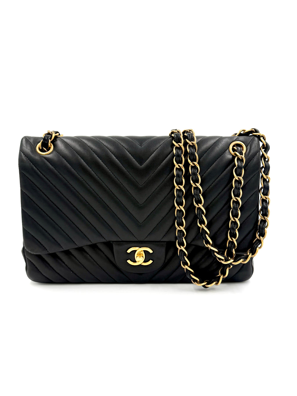 Pre-owned Chanel Classic Double Flap Black Chevron Lambskin Gold Hardware-Authenticated