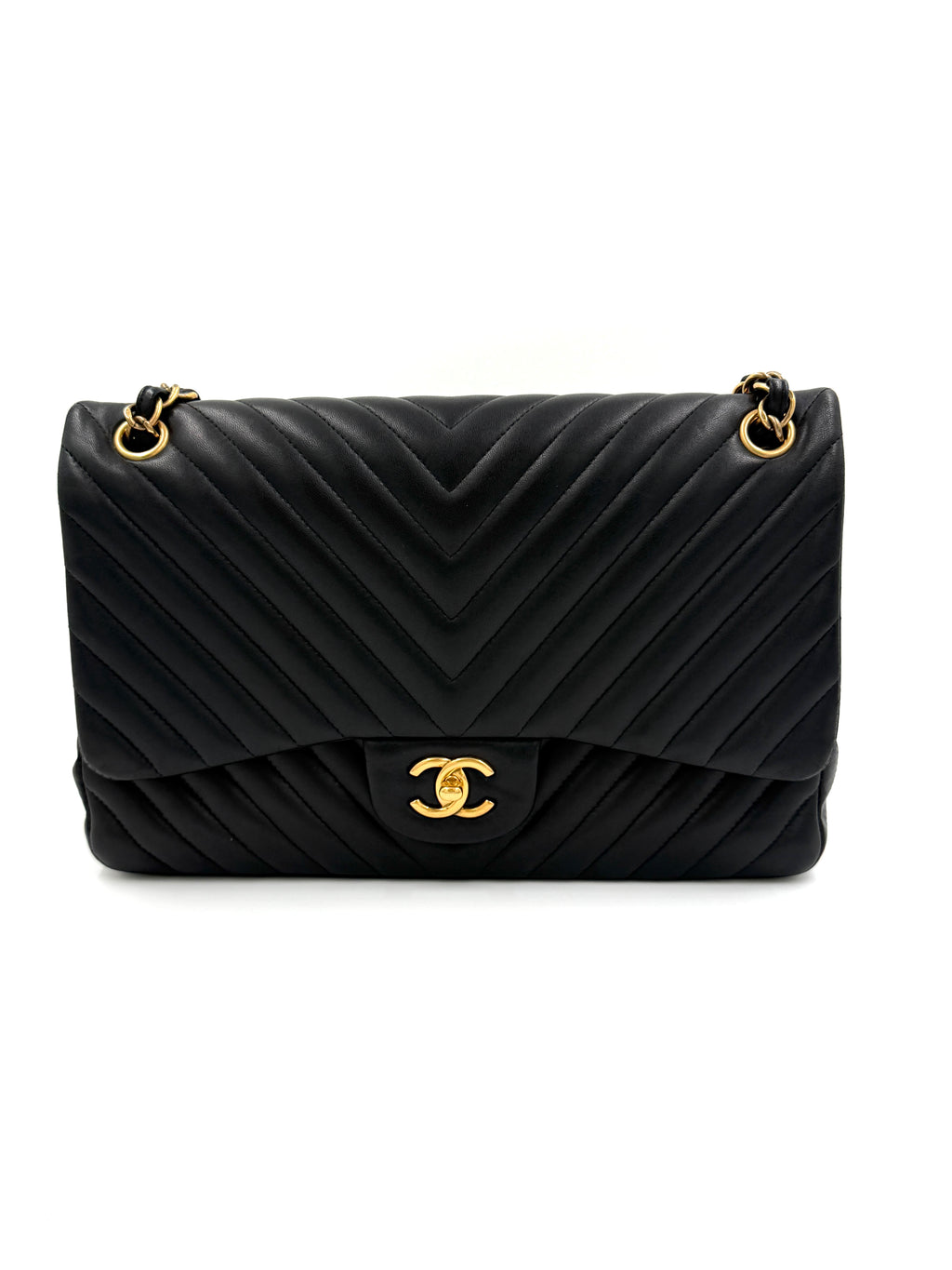 Pre-owned Chanel Classic Double Flap Black Chevron Lambskin Gold Hardware-Authenticated