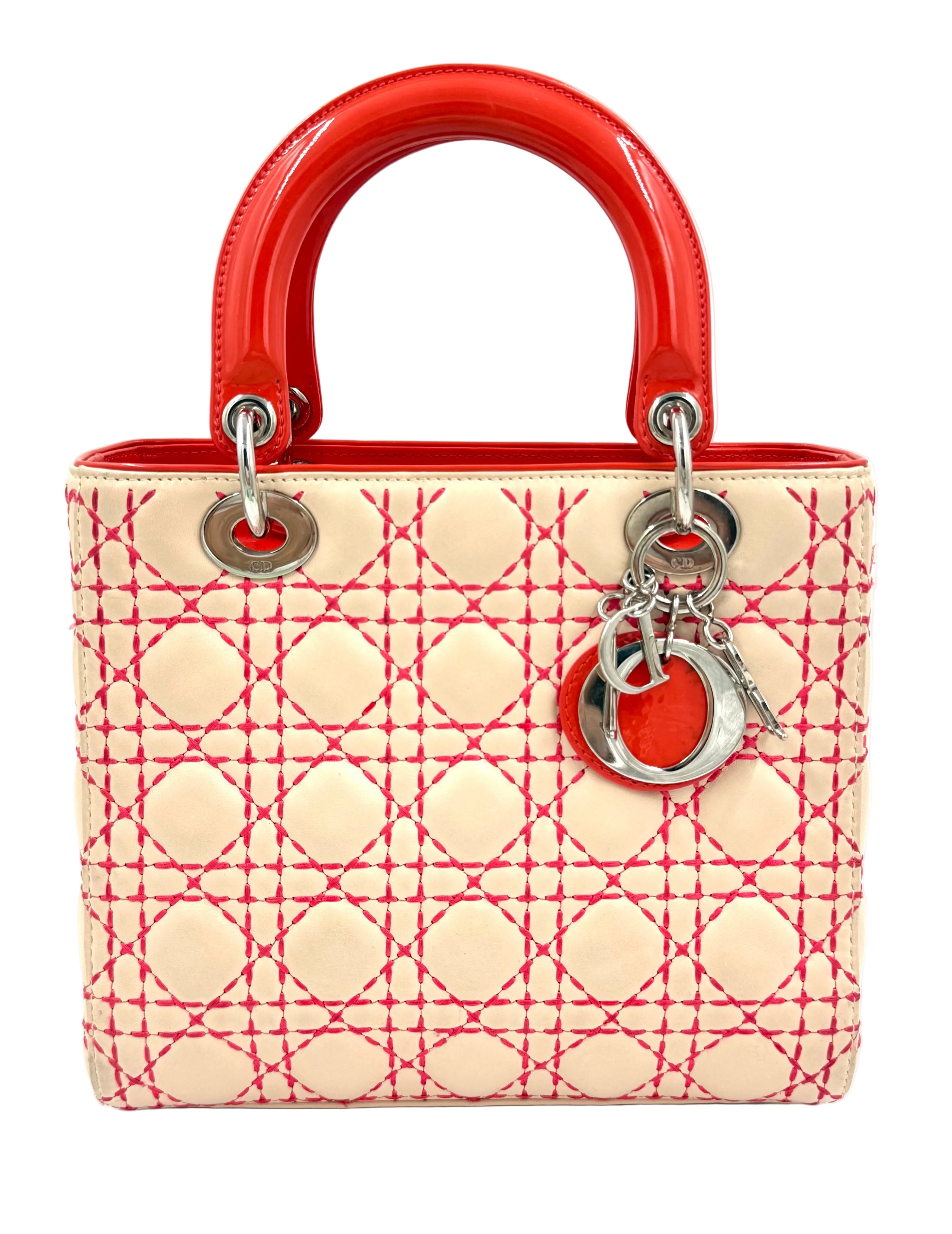 Pre-owned Christian Dior Medium Lady Dior Beige Patent Orange Handles Coral Stitching - Authenticated