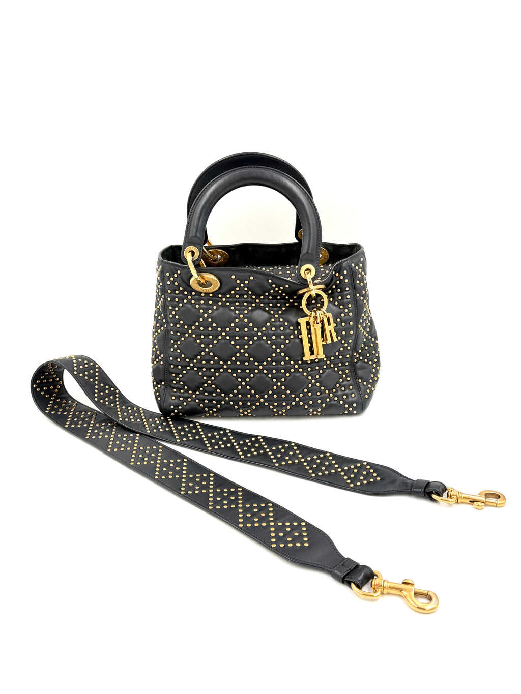 Pre-Owned Christian Dior Black Studded Lambskin Medium Lady Dior Tote Bag - Authenticated