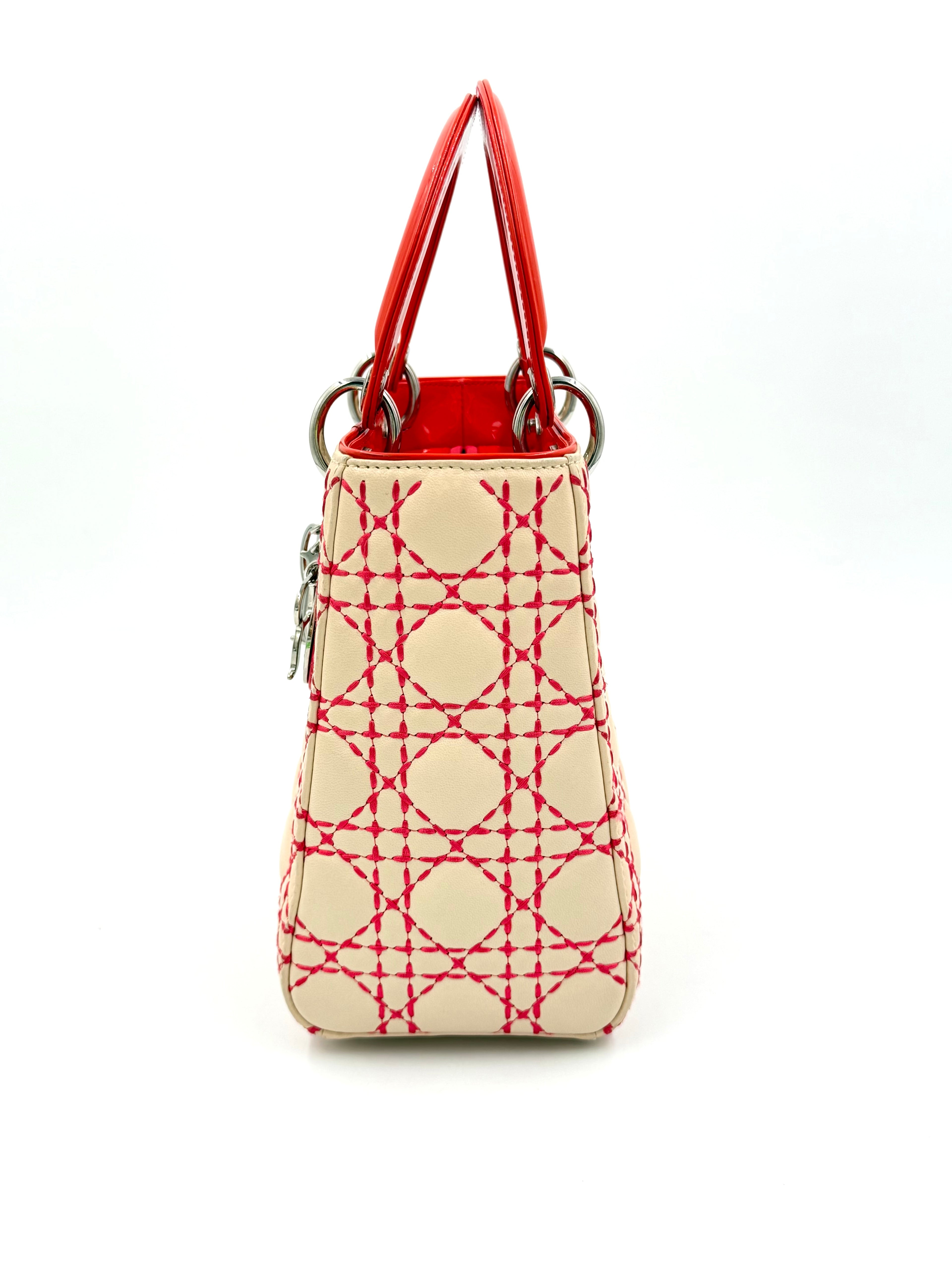Pre-owned Christian Dior Medium Lady Dior Beige Patent Orange Handles Coral Stitching - Authenticated