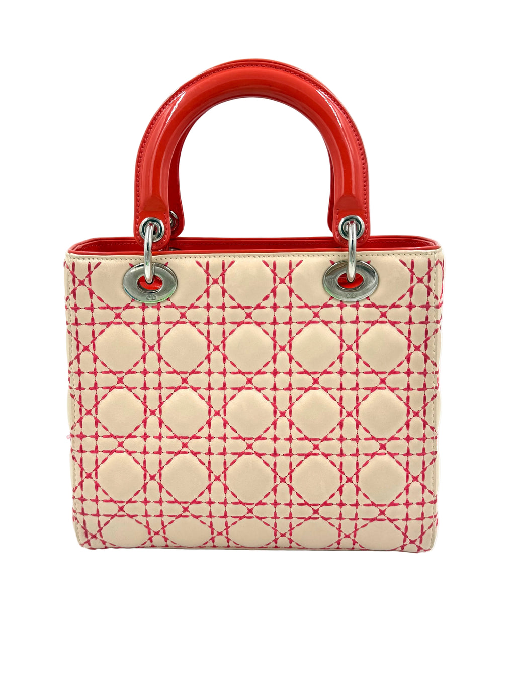 Pre-owned Christian Dior Medium Lady Dior Beige Patent Orange Handles Coral Stitching - Authenticated