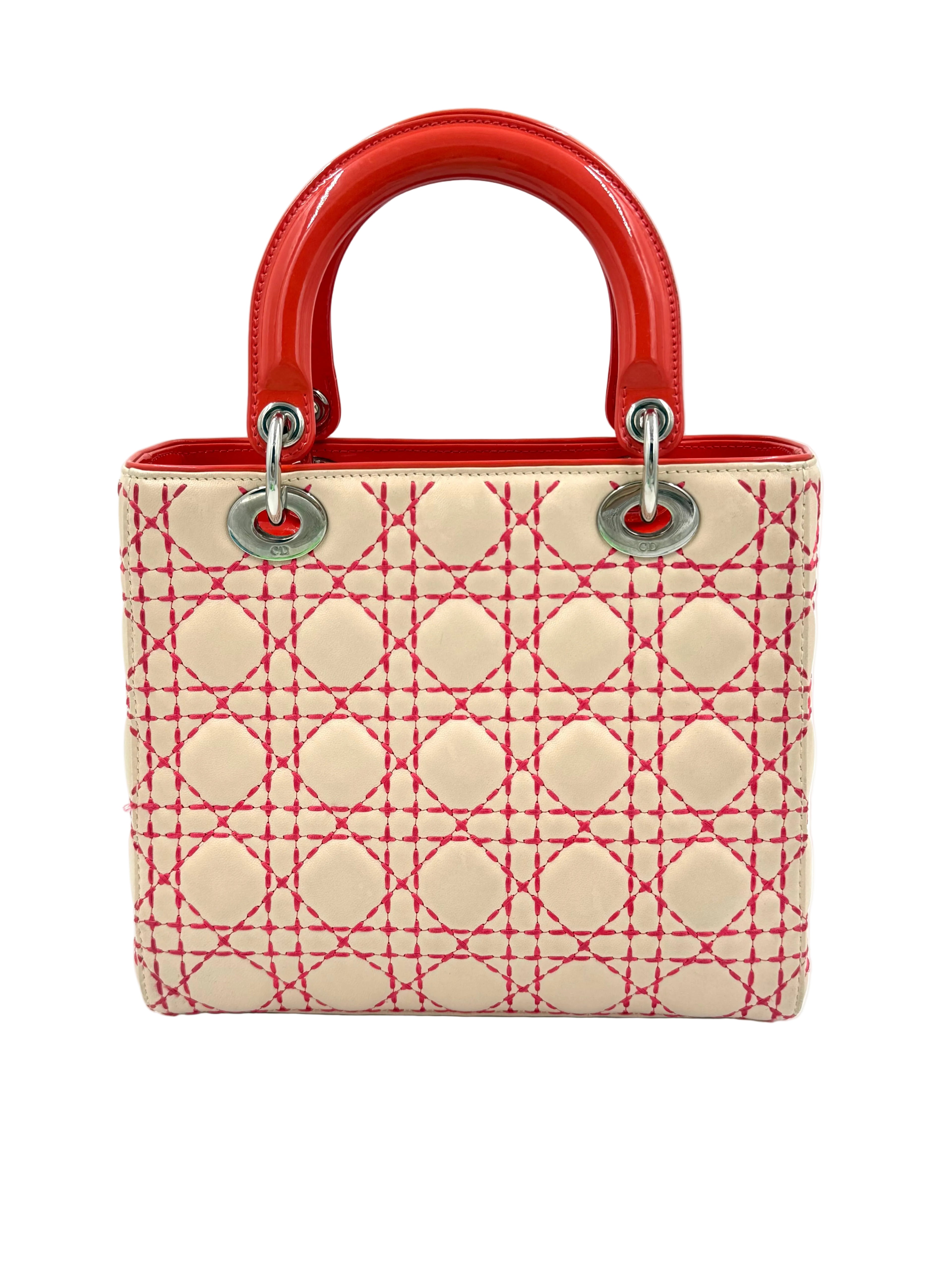 Pre-owned Christian Dior Medium Lady Dior Beige Patent Orange Handles Coral Stitching - Authenticated