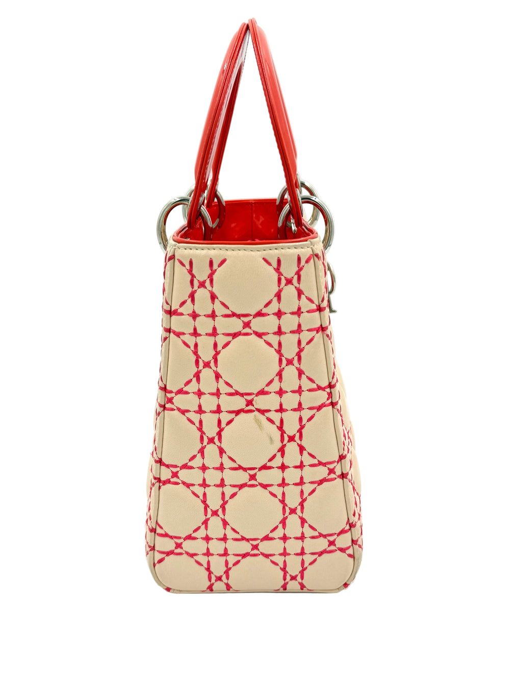 Pre-owned Christian Dior Medium Lady Dior Beige Patent Orange Handles Coral Stitching - Authenticated