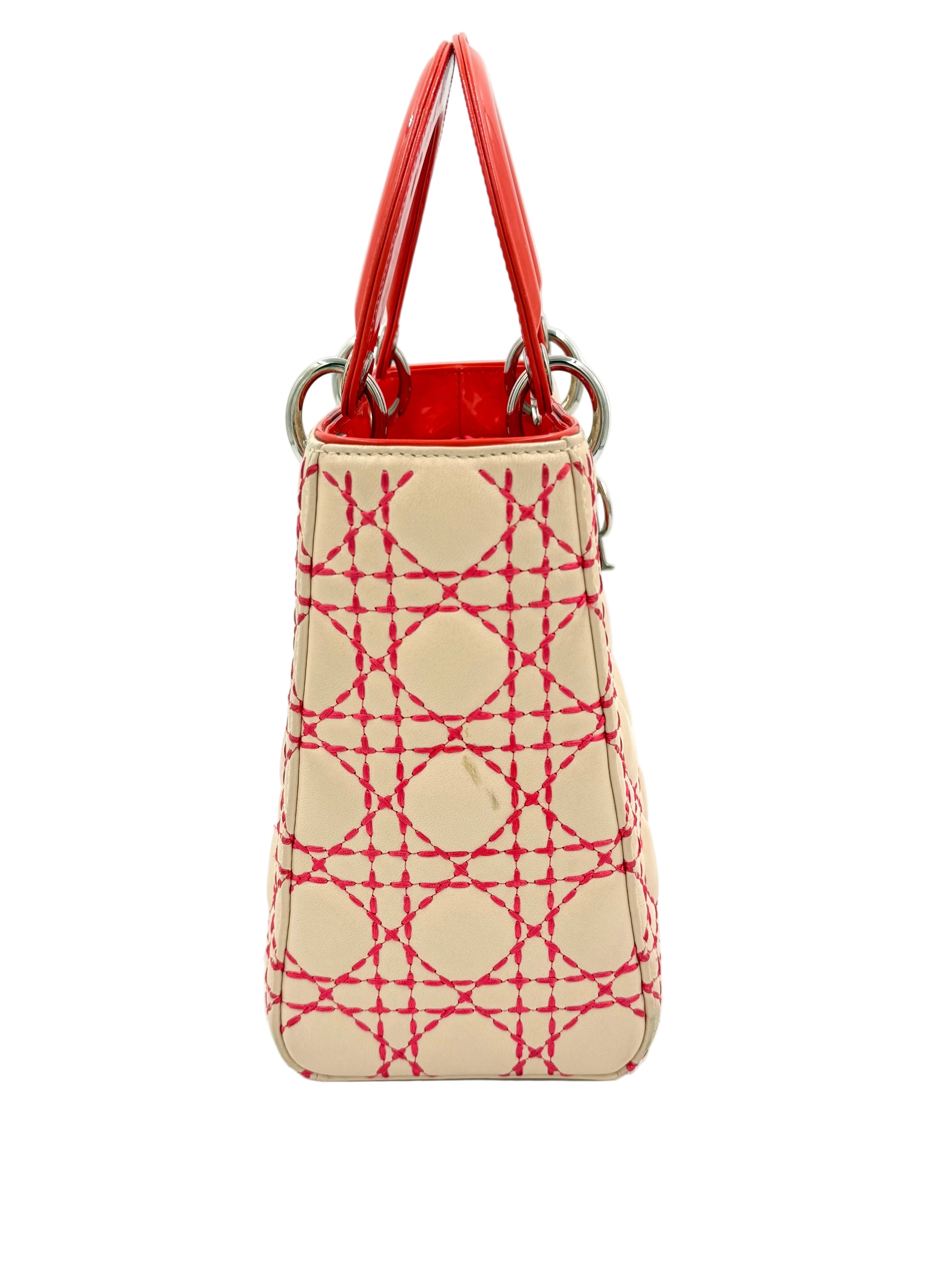 Pre-owned Christian Dior Medium Lady Dior Beige Patent Orange Handles Coral Stitching - Authenticated