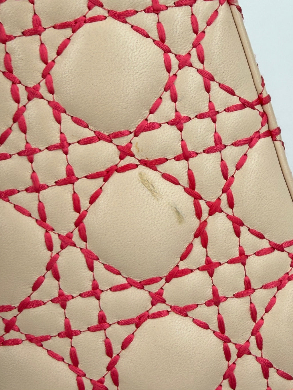 Pre-owned Christian Dior Medium Lady Dior Beige Patent Orange Handles Coral Stitching - Authenticated