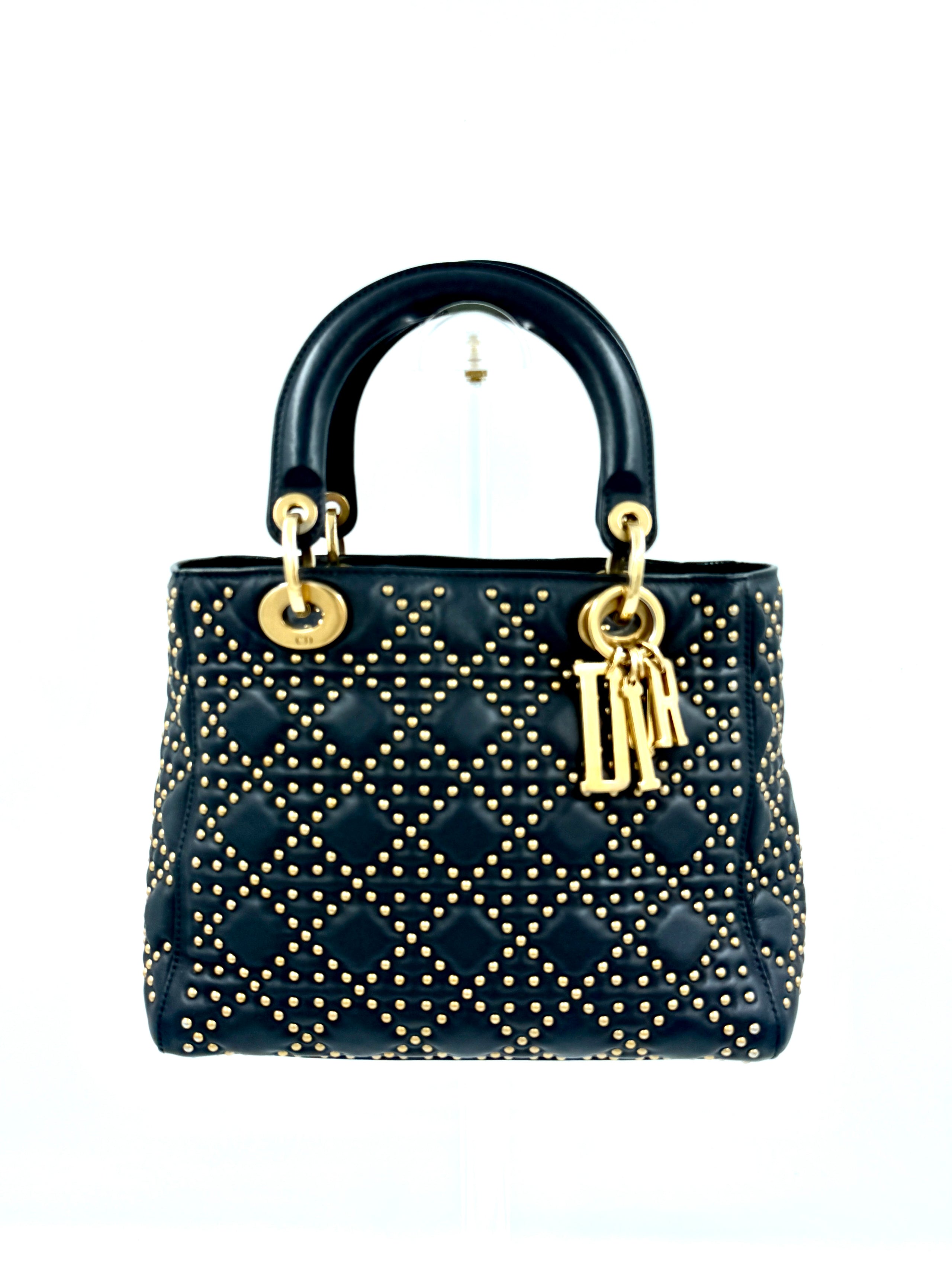 Pre-Owned Christian Dior Black Studded Lambskin Medium Lady Dior Tote Bag - Authenticated