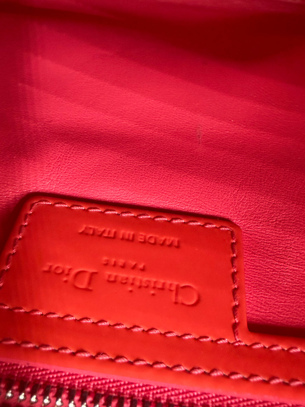 Pre-owned Christian Dior Medium Lady Dior Beige Patent Orange Handles Coral Stitching - Authenticated