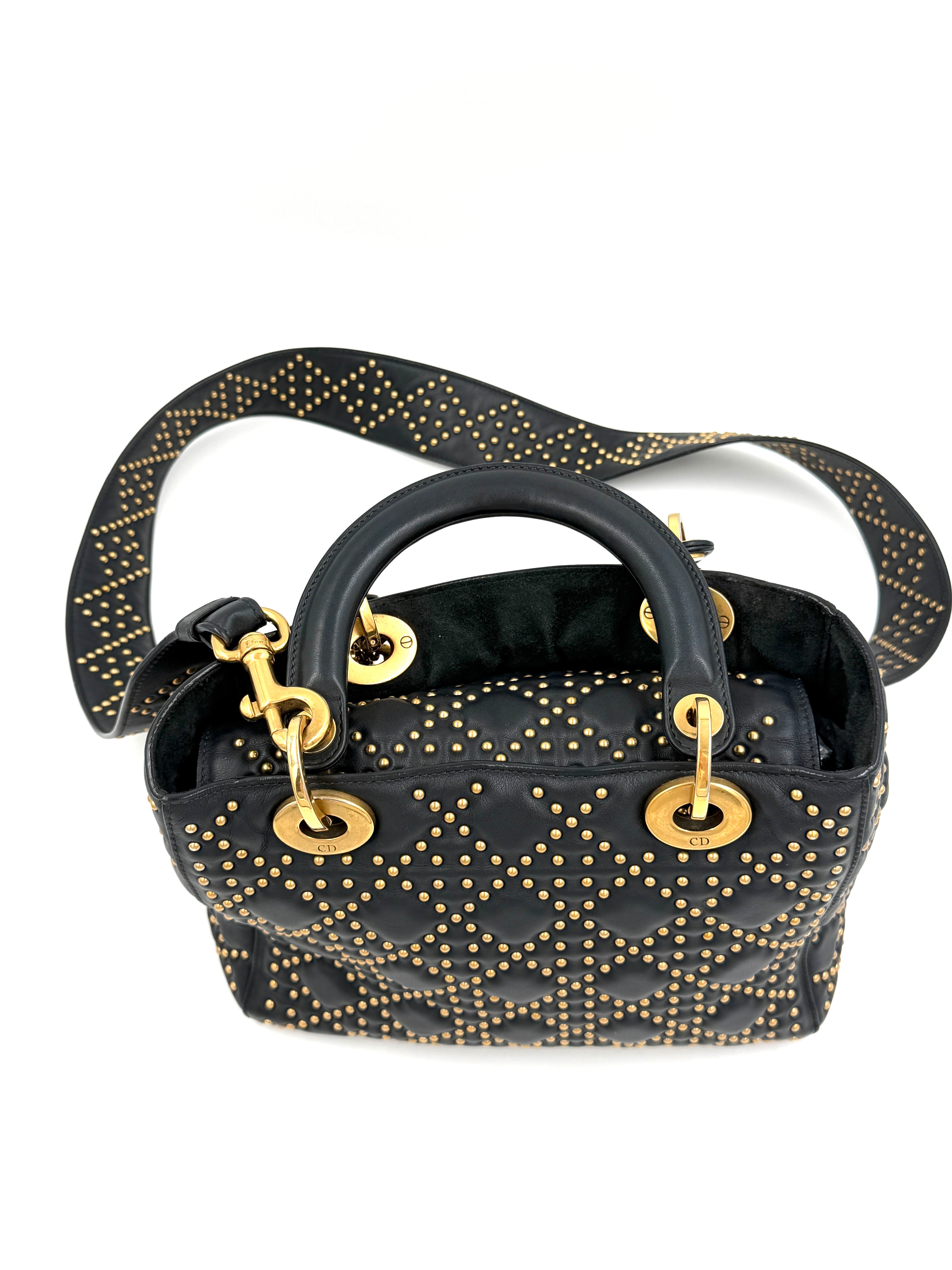 Pre-Owned Christian Dior Black Studded Lambskin Medium Lady Dior Tote Bag - Authenticated