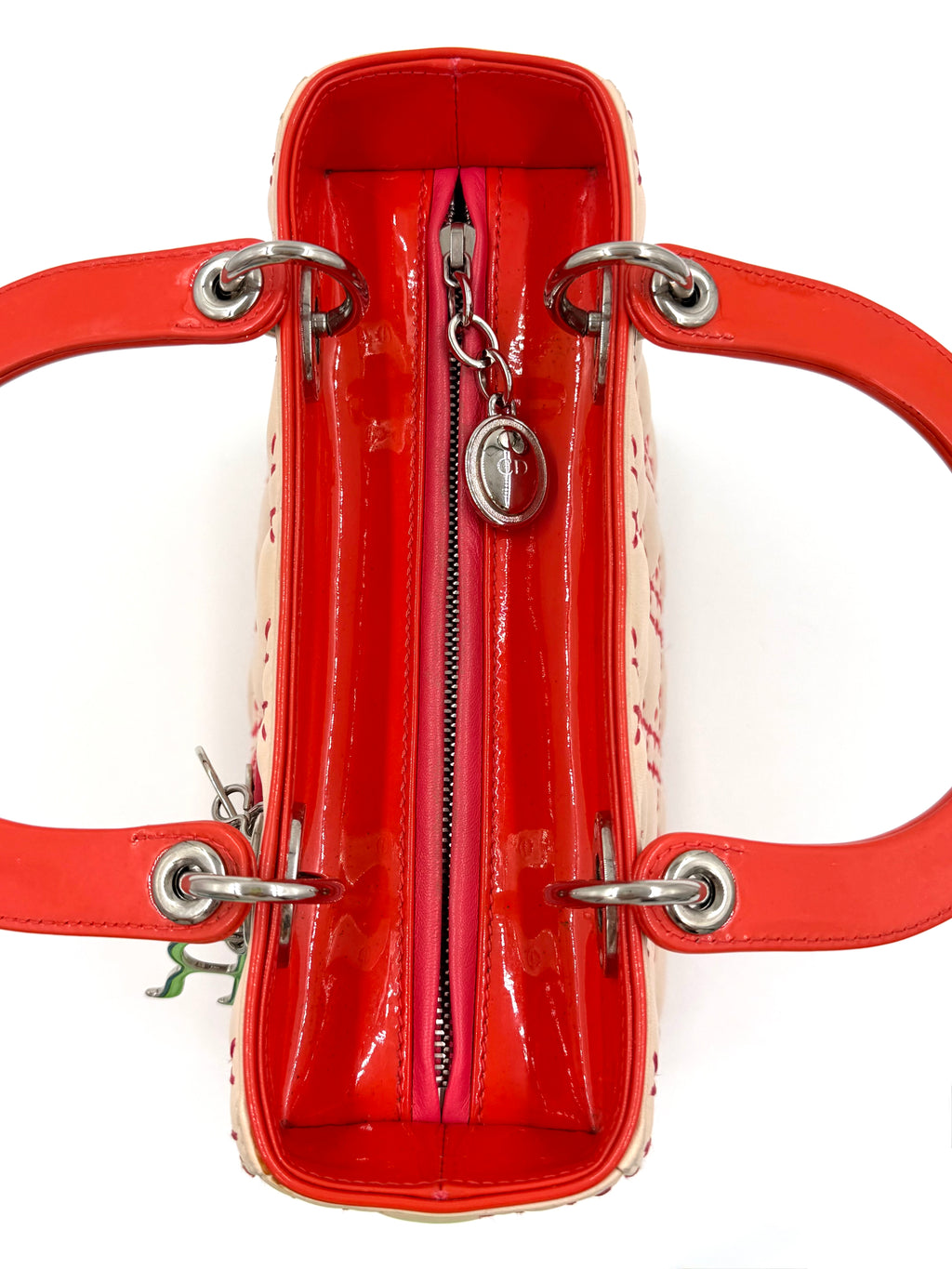 Pre-owned Christian Dior Medium Lady Dior Beige Patent Orange Handles Coral Stitching - Authenticated