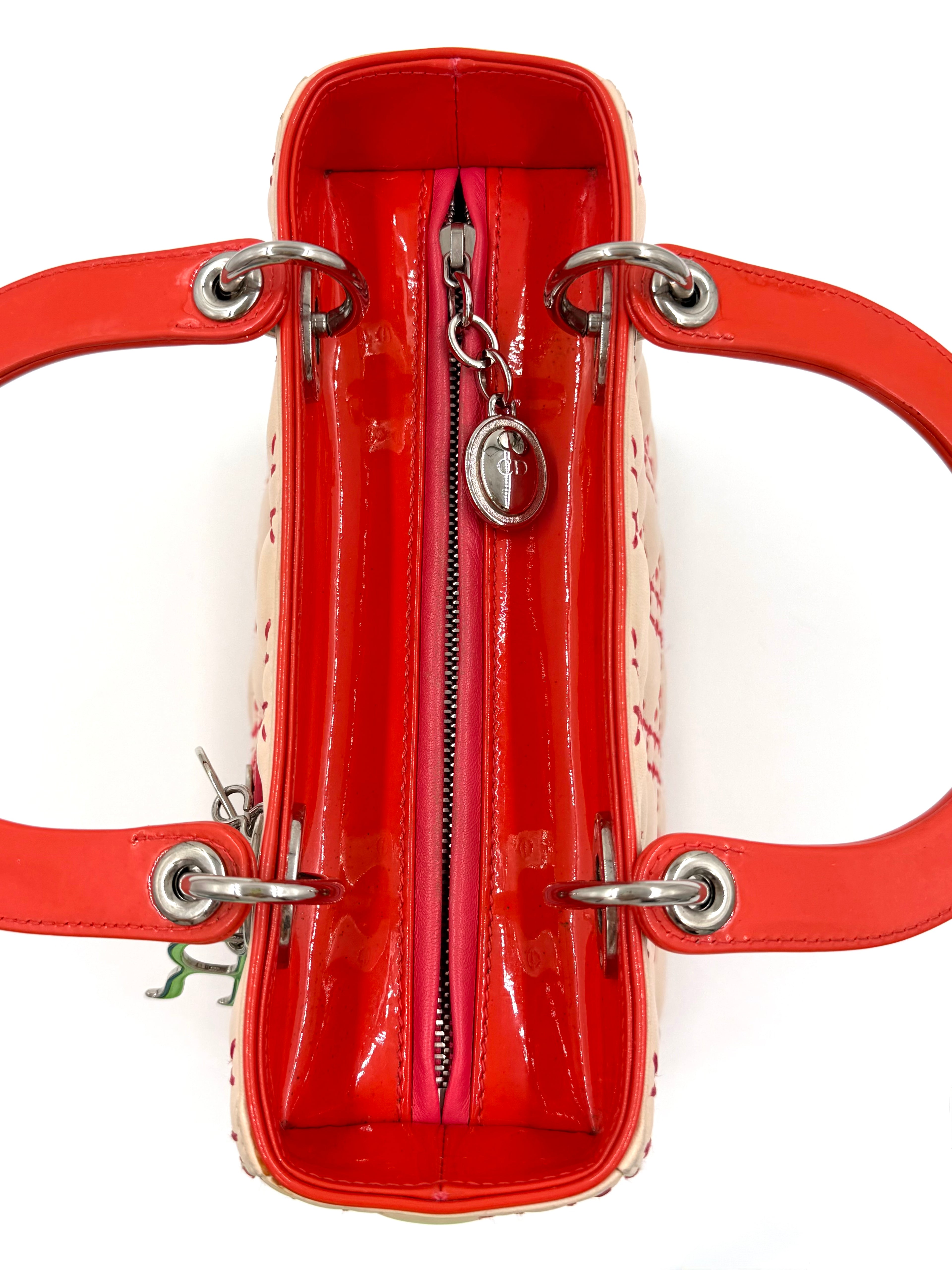 Pre-owned Christian Dior Medium Lady Dior Beige Patent Orange Handles Coral Stitching - Authenticated