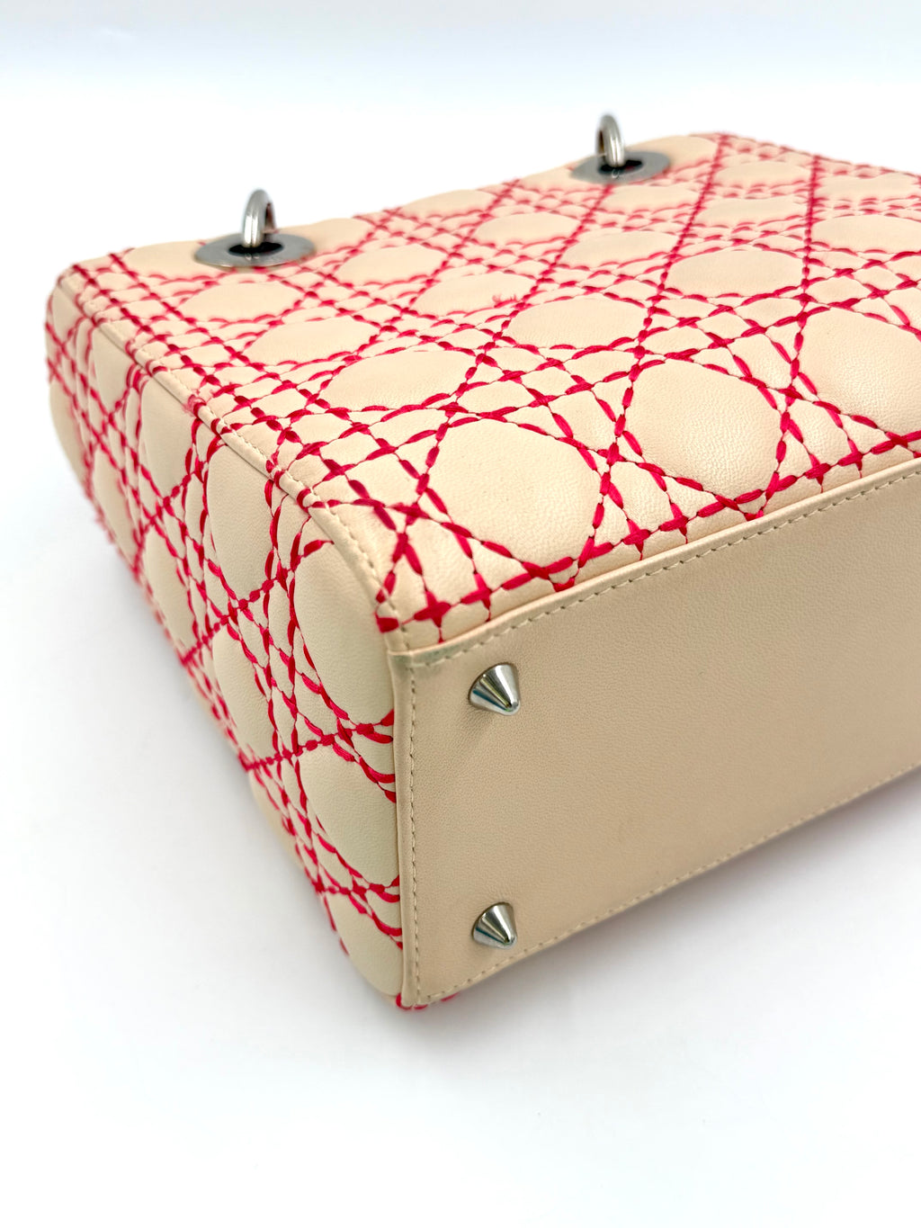 Pre-owned Christian Dior Medium Lady Dior Beige Patent Orange Handles Coral Stitching - Authenticated